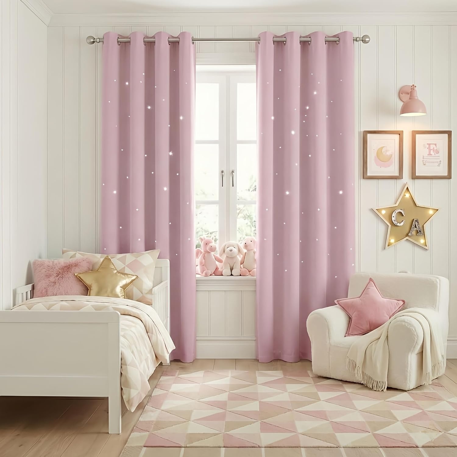 image:imageNICETOWN Sage Green Nursery Curtain with Cut Out Stars W52 x L63 2 PanelsBaby Pink