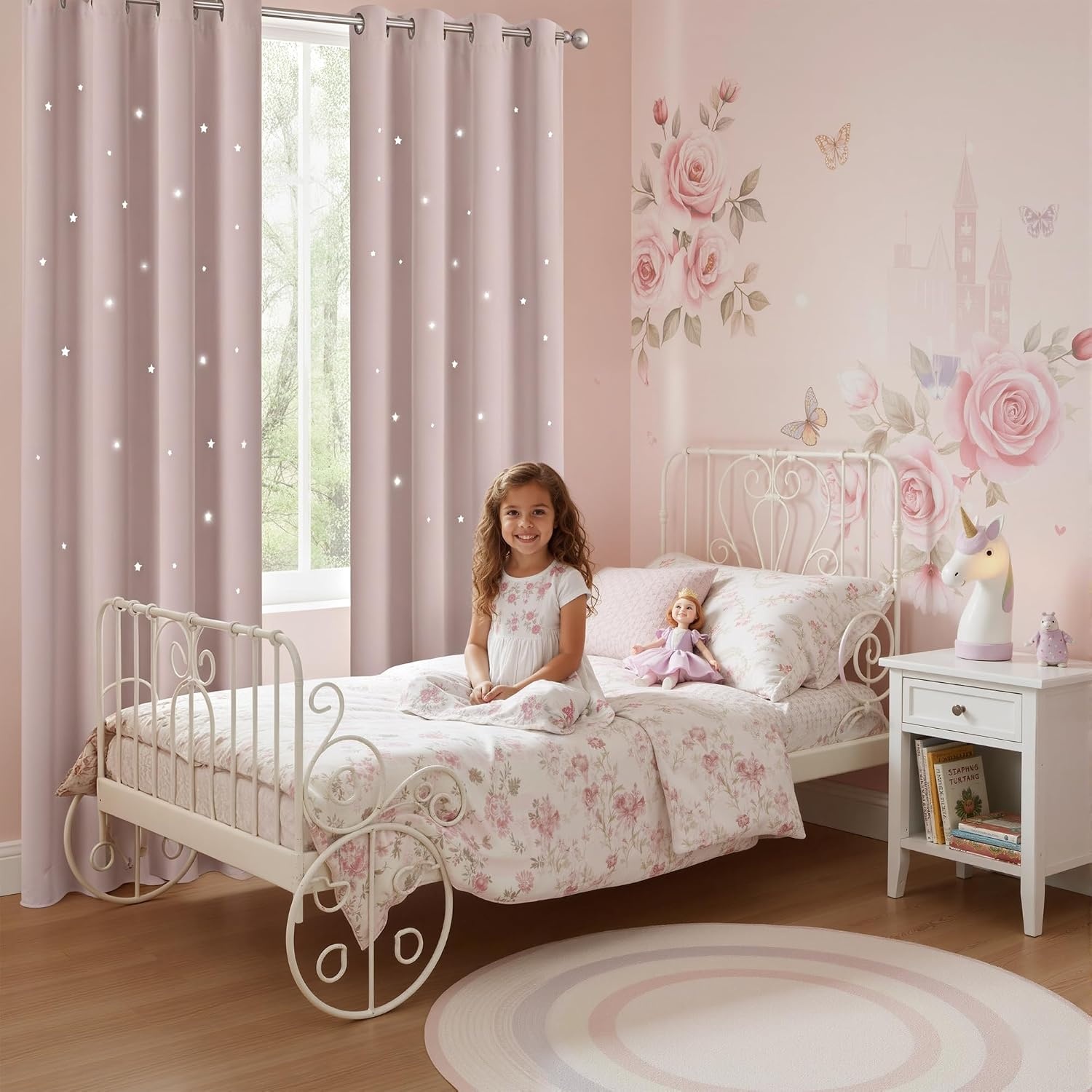 image:imageNICETOWN Sage Green Nursery Curtain with Cut Out Stars W52 x L63 2 PanelsBaby Pink