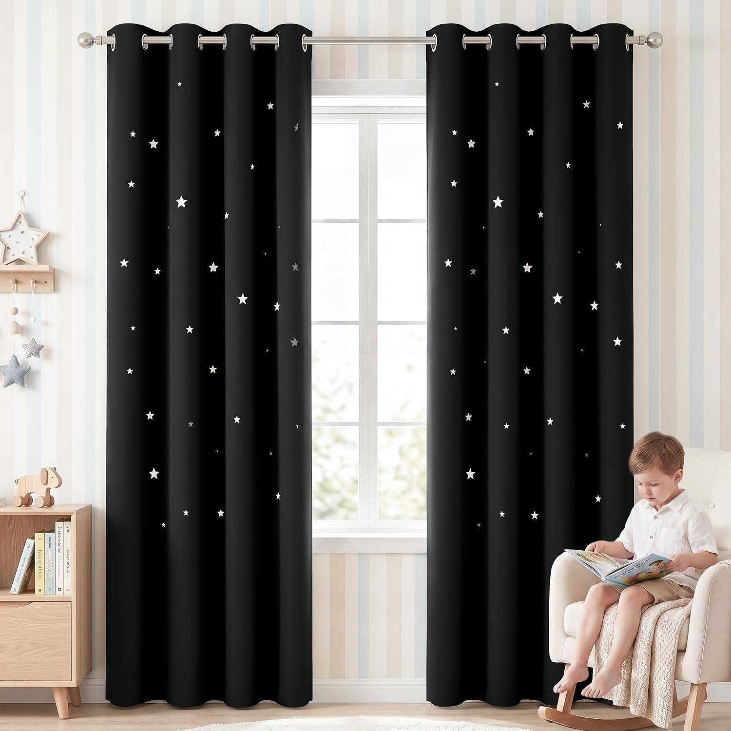 image:imageNICETOWN Sage Green Nursery Curtain with Cut Out Stars W52 x L63 2 PanelsBlack