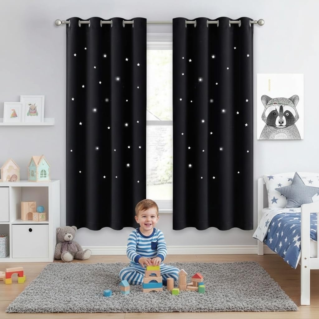 image:imageNICETOWN Sage Green Nursery Curtain with Cut Out Stars W52 x L63 2 PanelsBlack
