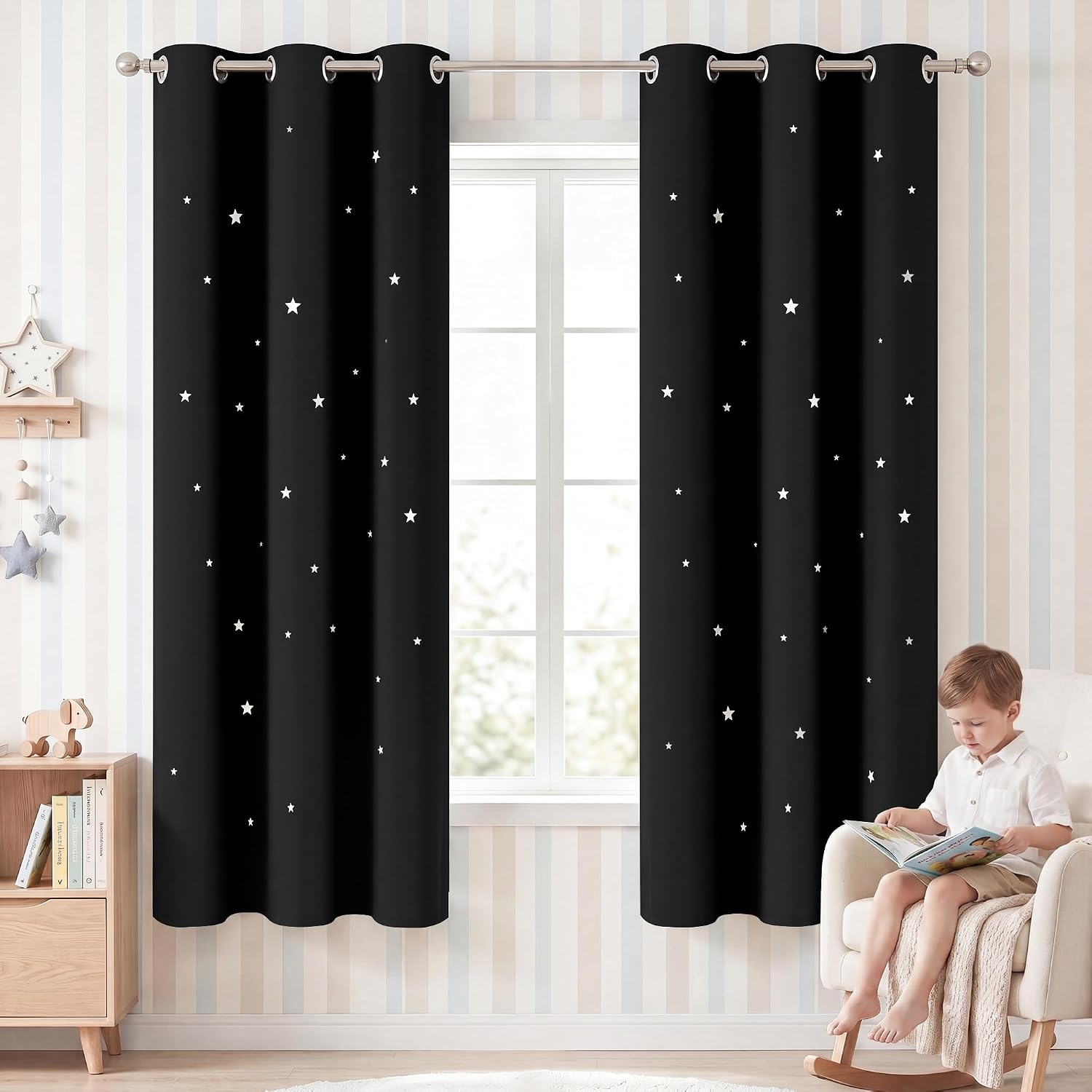 image:imageNICETOWN Sage Green Nursery Curtain with Cut Out Stars W52 x L63 2 PanelsBlack