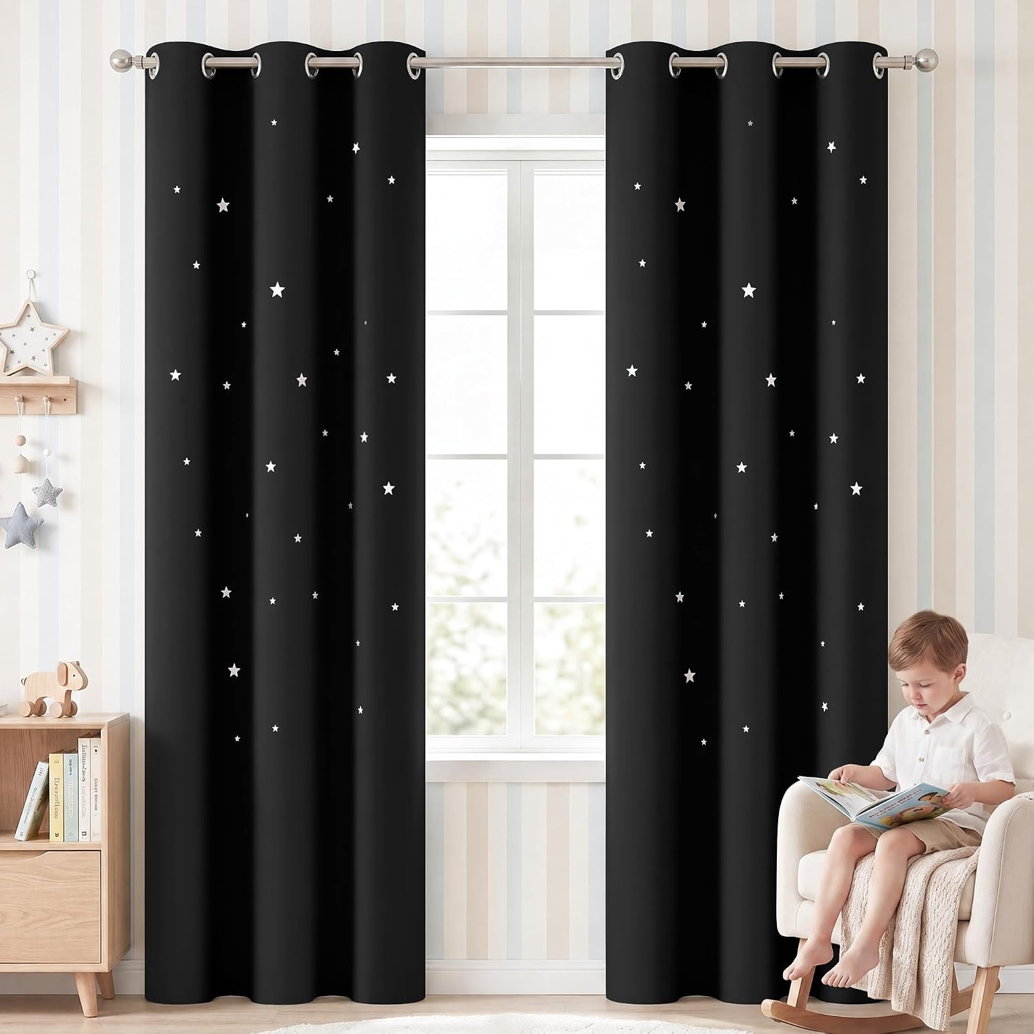 image:imageNICETOWN Sage Green Nursery Curtain with Cut Out Stars W52 x L63 2 PanelsBlack