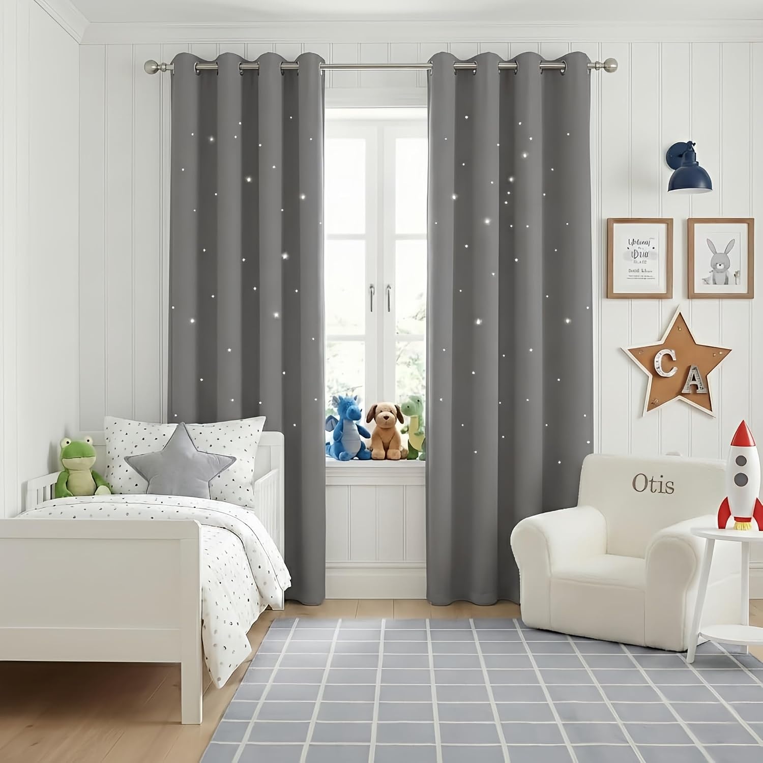image:imageNICETOWN Sage Green Nursery Curtain with Cut Out Stars W52 x L63 2 PanelsGrey