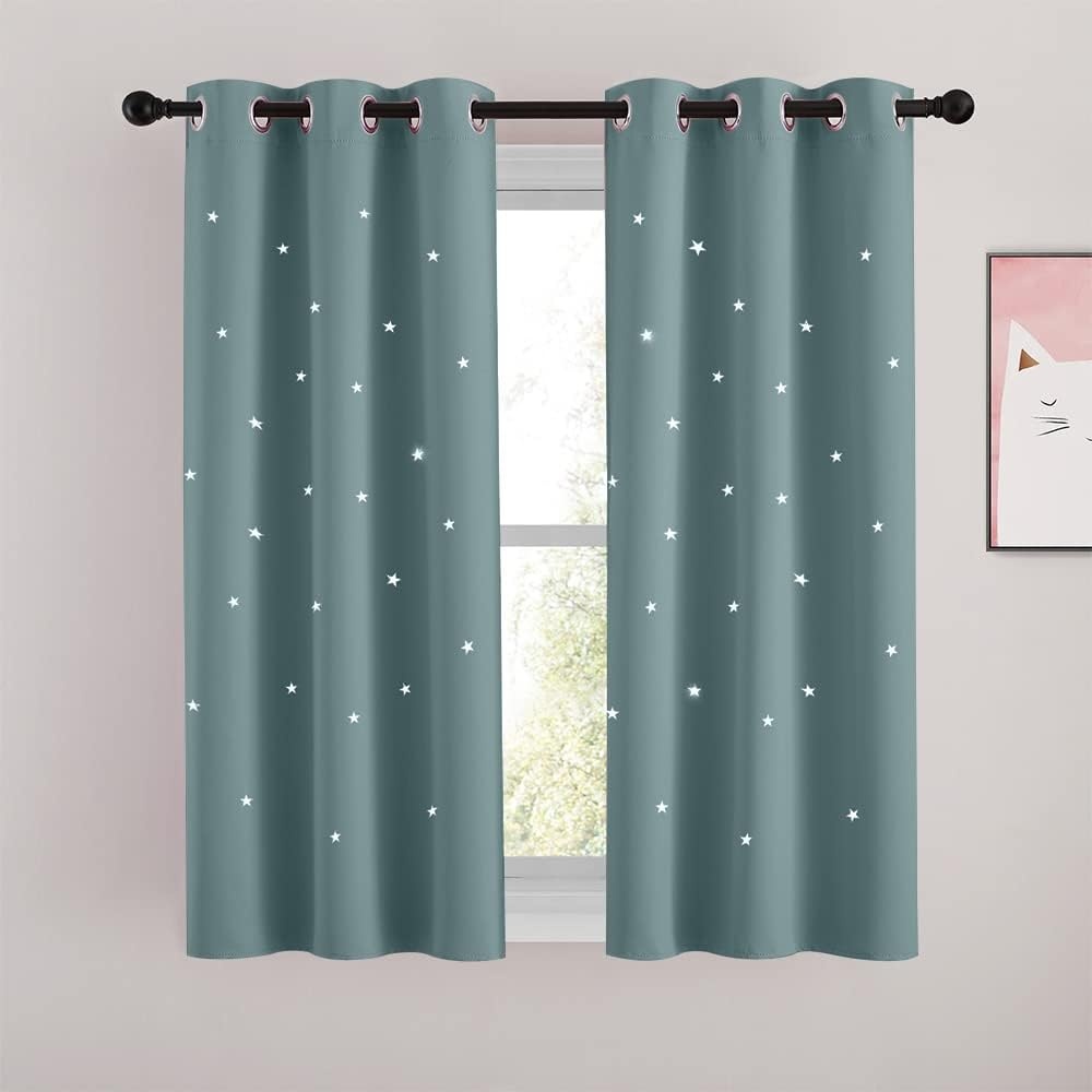 image:imageNICETOWN Sage Green Nursery Curtain with Cut Out Stars W52 x L63 2 PanelsGreyish Blue