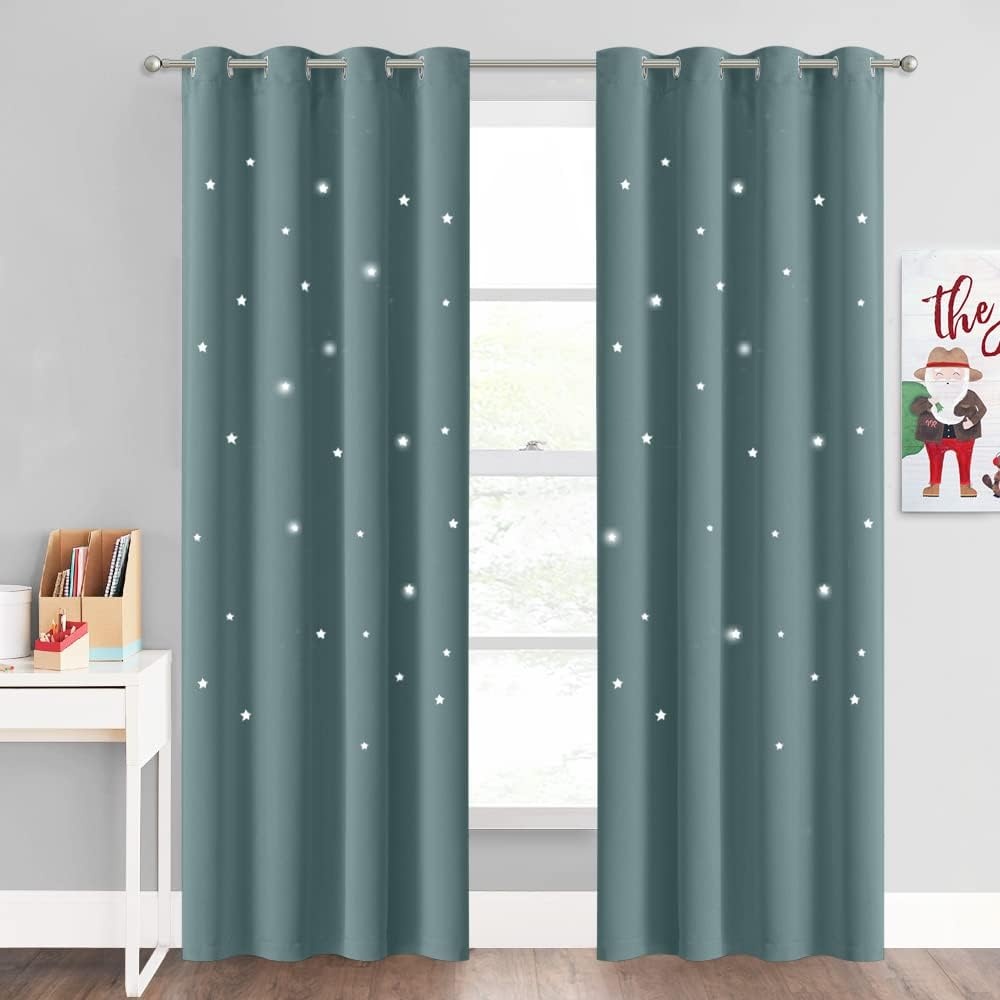 image:imageNICETOWN Sage Green Nursery Curtain with Cut Out Stars W52 x L63 2 PanelsGreyish Blue