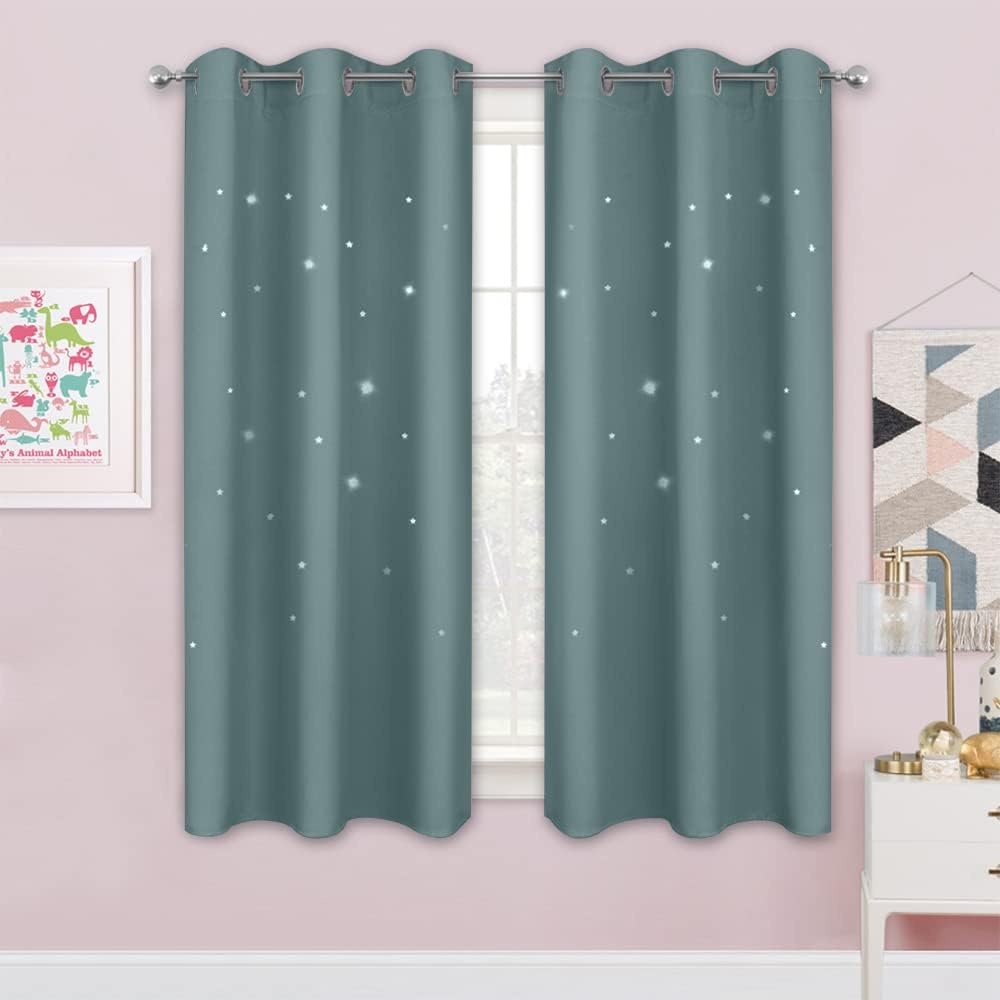 image:imageNICETOWN Sage Green Nursery Curtain with Cut Out Stars W52 x L63 2 PanelsGreyish Blue
