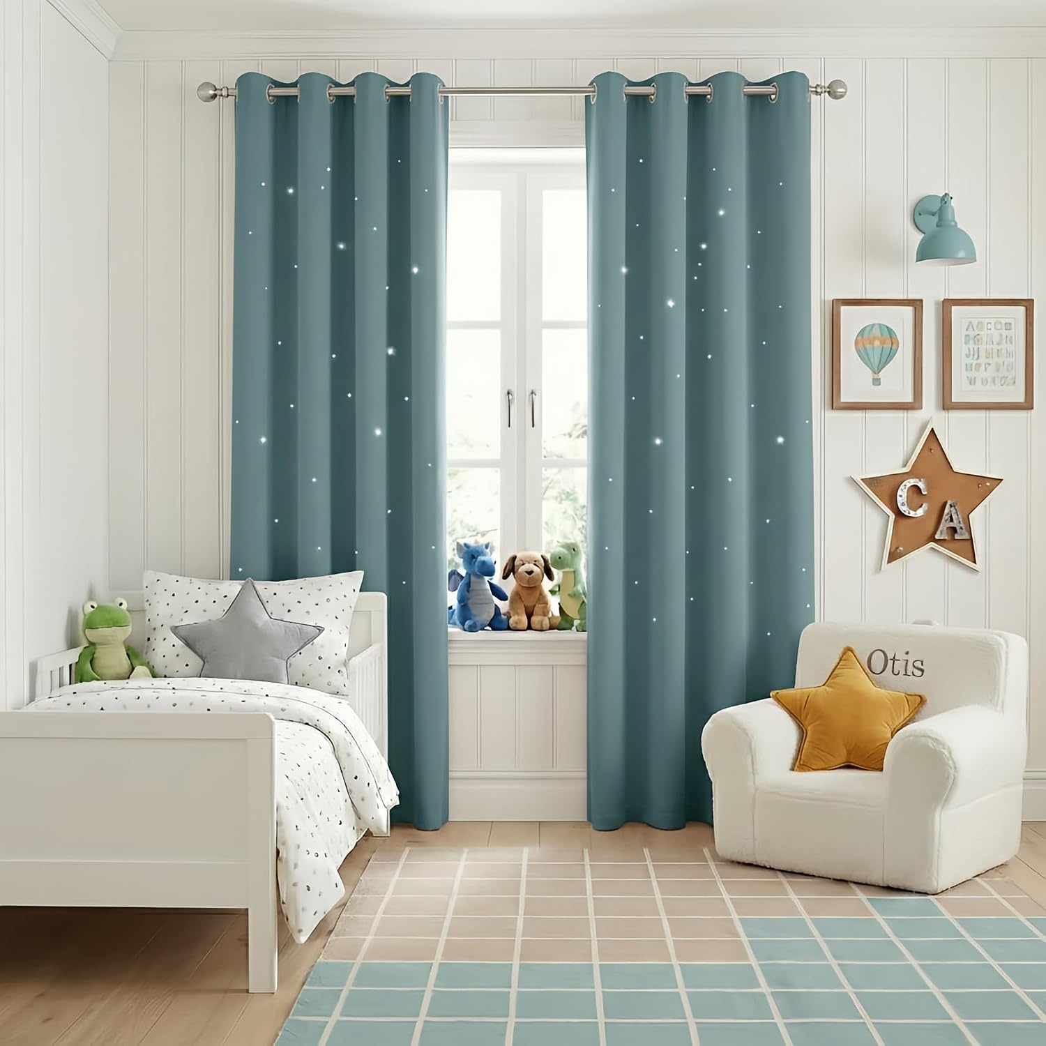 image:imageNICETOWN Sage Green Nursery Curtain with Cut Out Stars W52 x L63 2 PanelsGreyish Blue
