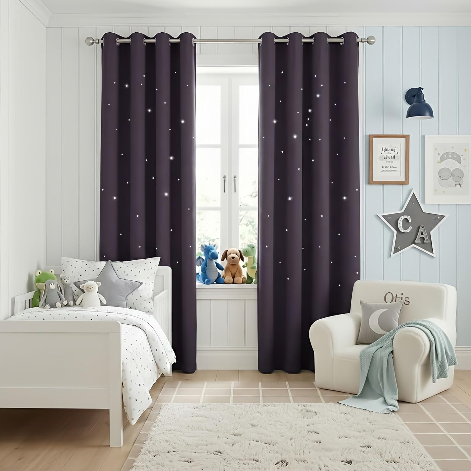 image:imageNICETOWN Sage Green Nursery Curtain with Cut Out Stars W52 x L63 2 PanelsGreyish Purple