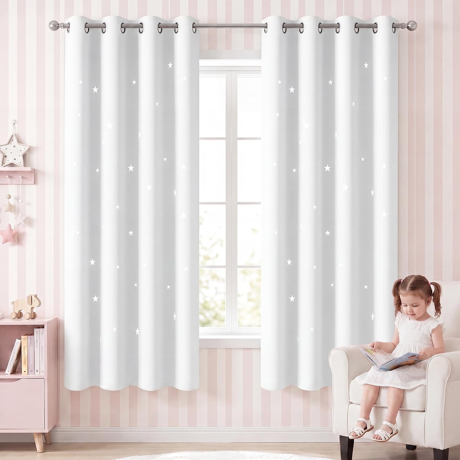 image:imageNICETOWN Sage Green Nursery Curtain with Cut Out Stars W52 x L63 2 PanelsGreyish White