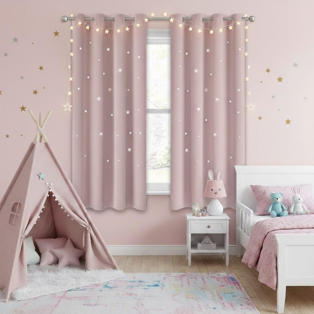 image:imageNICETOWN Sage Green Nursery Curtain with Cut Out Stars W52 x L63 2 PanelsLight Pink