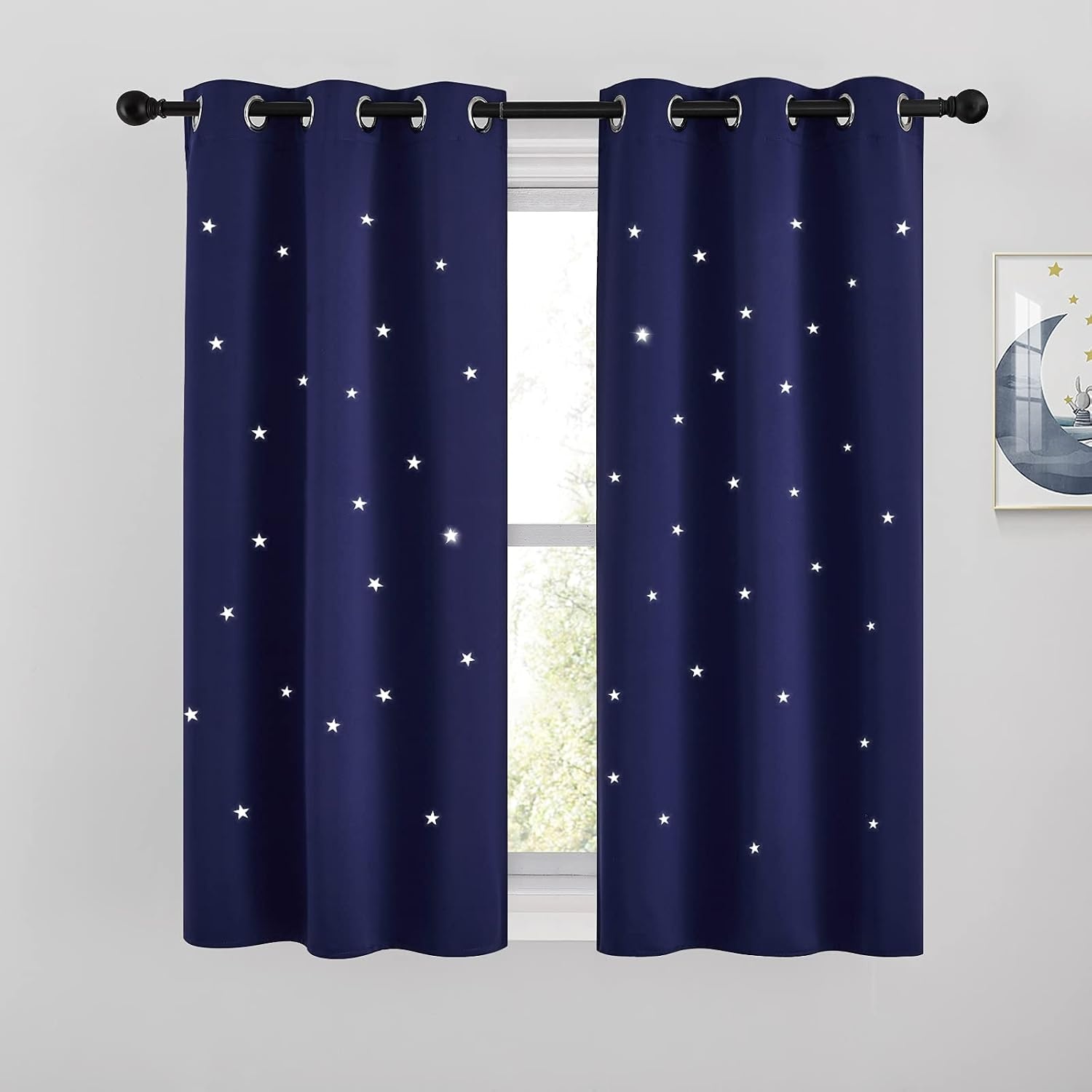 image:imageNICETOWN Sage Green Nursery Curtain with Cut Out Stars W52 x L63 2 PanelsNavy Blue