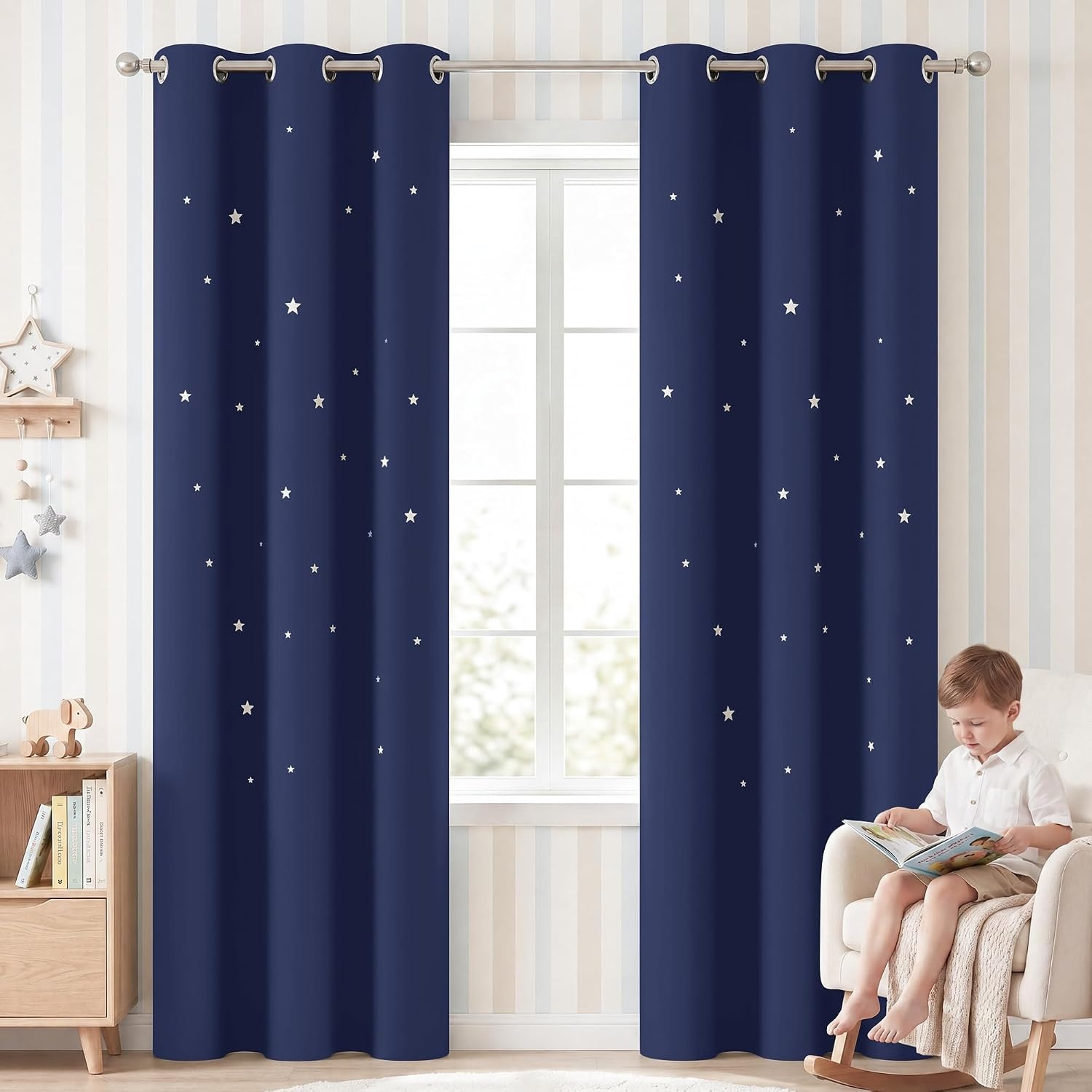 image:imageNICETOWN Sage Green Nursery Curtain with Cut Out Stars W52 x L63 2 PanelsNavy Blue