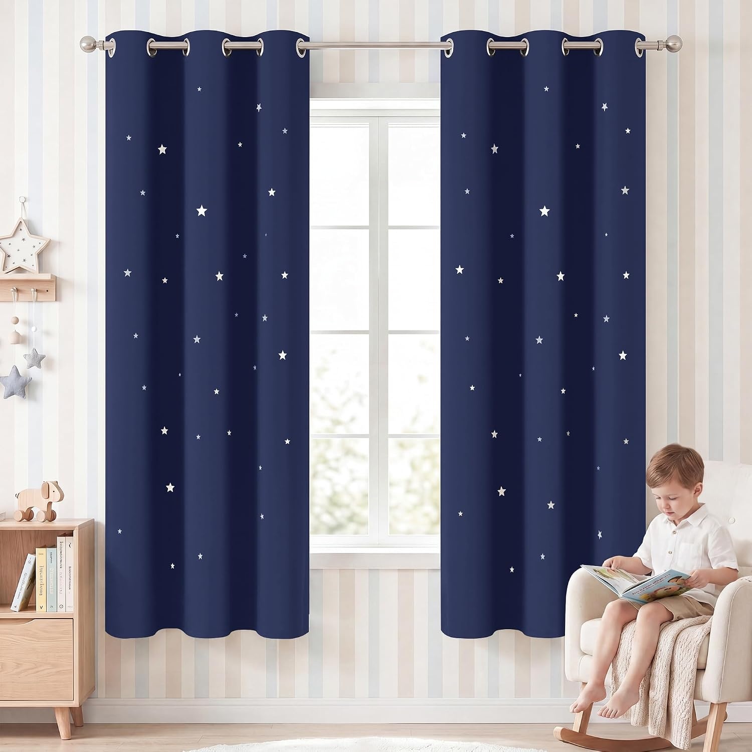 image:imageNICETOWN Sage Green Nursery Curtain with Cut Out Stars W52 x L63 2 PanelsNavy Blue