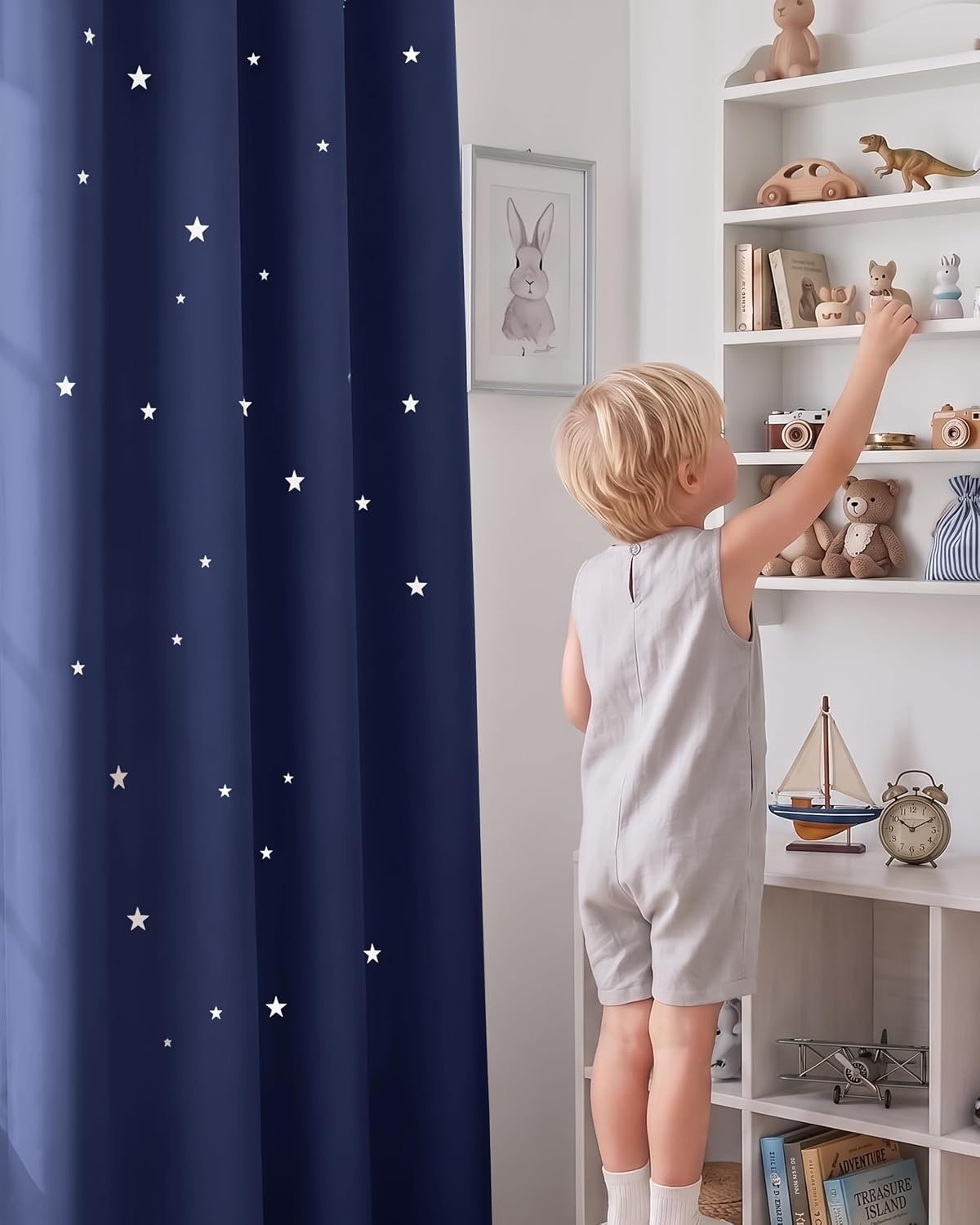 image:imageNICETOWN Sage Green Nursery Curtain with Cut Out Stars W52 x L63 2 PanelsNavy Blue
