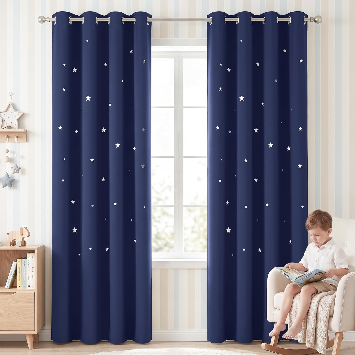 image:imageNICETOWN Sage Green Nursery Curtain with Cut Out Stars W52 x L63 2 PanelsNavy Blue