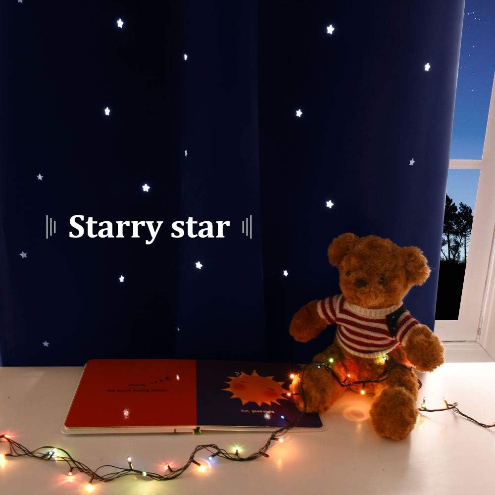 image:imageNICETOWN Sage Green Nursery Curtain with Cut Out Stars W52 x L63 2 PanelsNavy Blue
