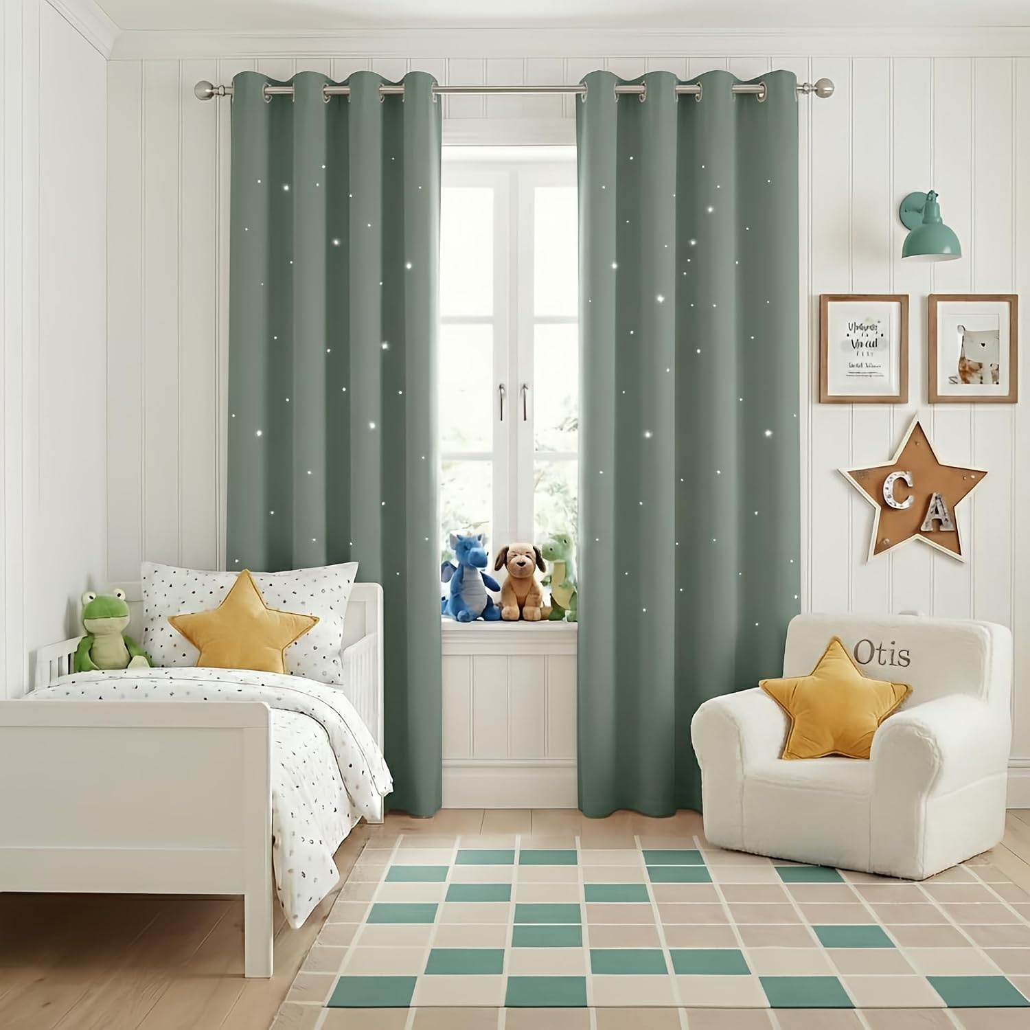 image:imageNICETOWN Sage Green Nursery Curtain with Cut Out Stars W52 x L63 2 PanelsSage Green
