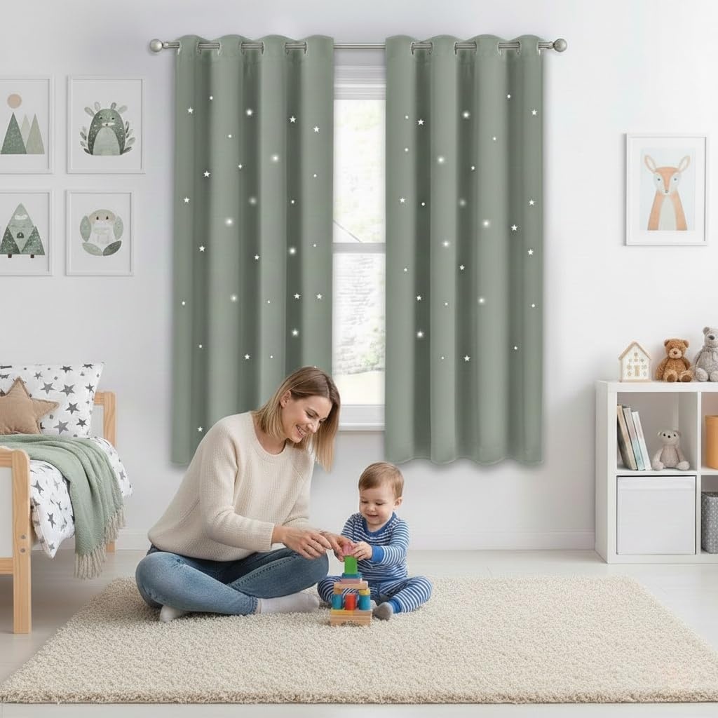 image:imageNICETOWN Sage Green Nursery Curtain with Cut Out Stars W52 x L63 2 PanelsSage Green
