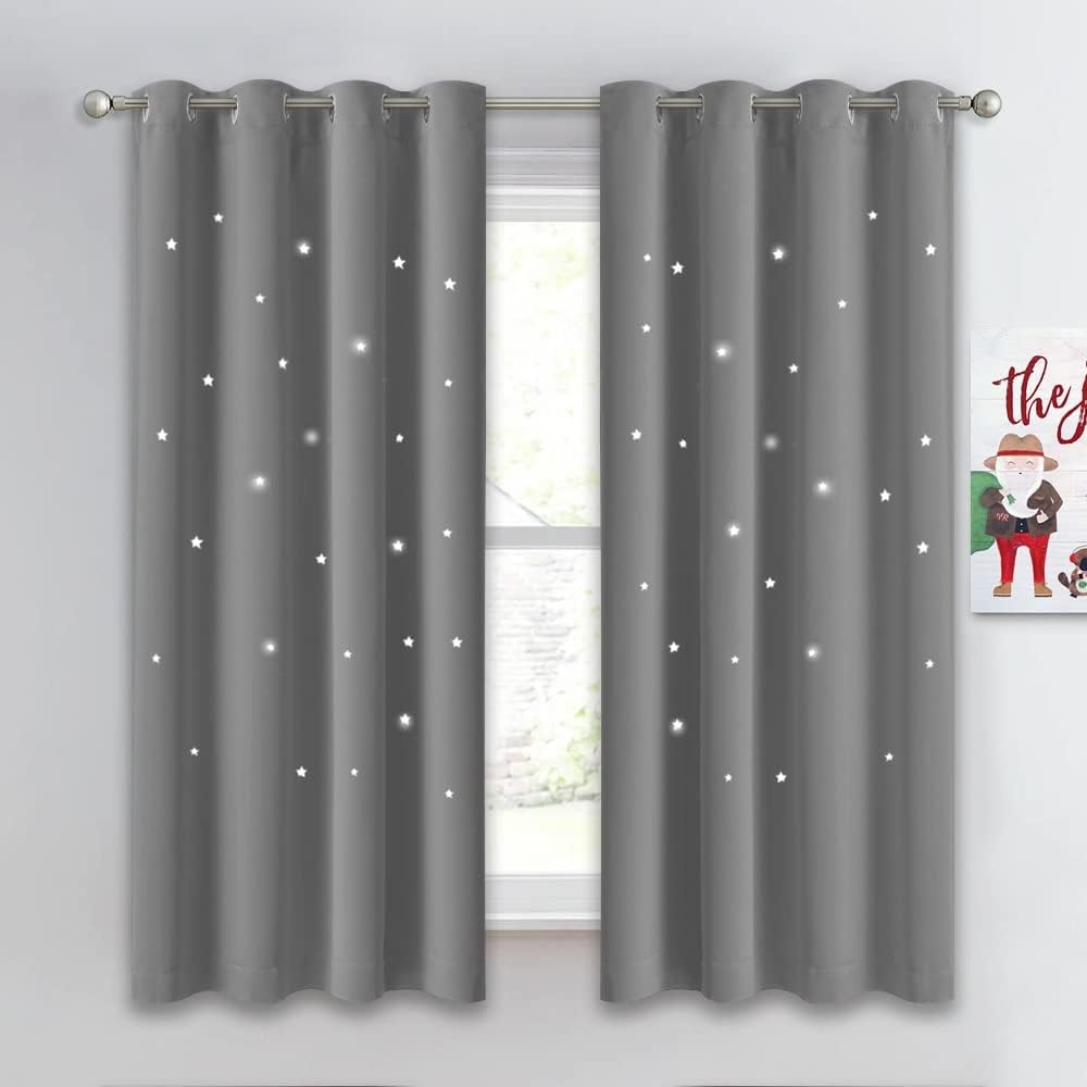 image:imageNICETOWN Sage Green Nursery Curtain with Cut Out Stars W52 x L63 2 PanelsSliver Grey