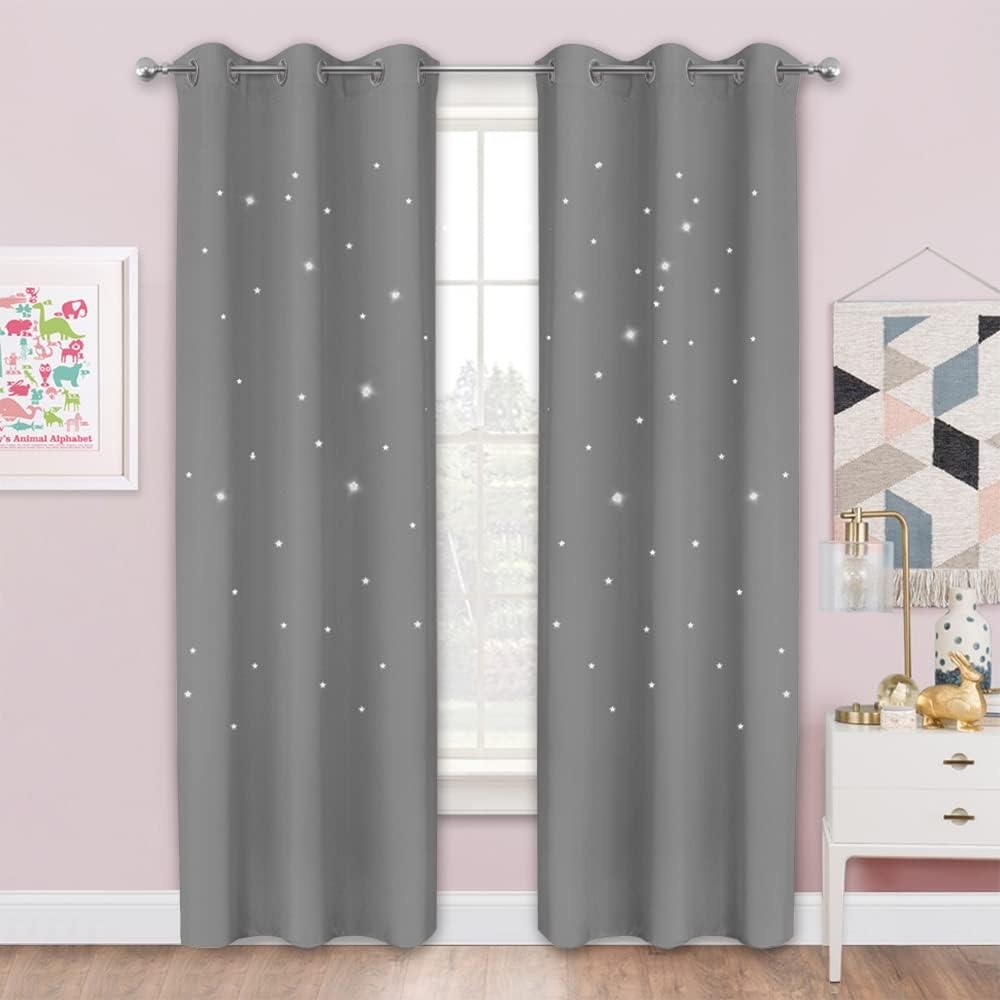 image:imageNICETOWN Sage Green Nursery Curtain with Cut Out Stars W52 x L63 2 PanelsSliver Grey