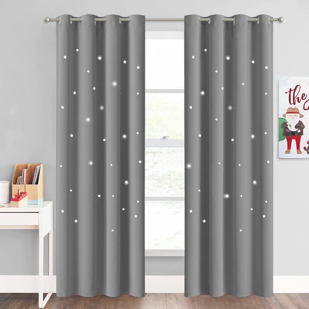 image:imageNICETOWN Sage Green Nursery Curtain with Cut Out Stars W52 x L63 2 PanelsSliver Grey