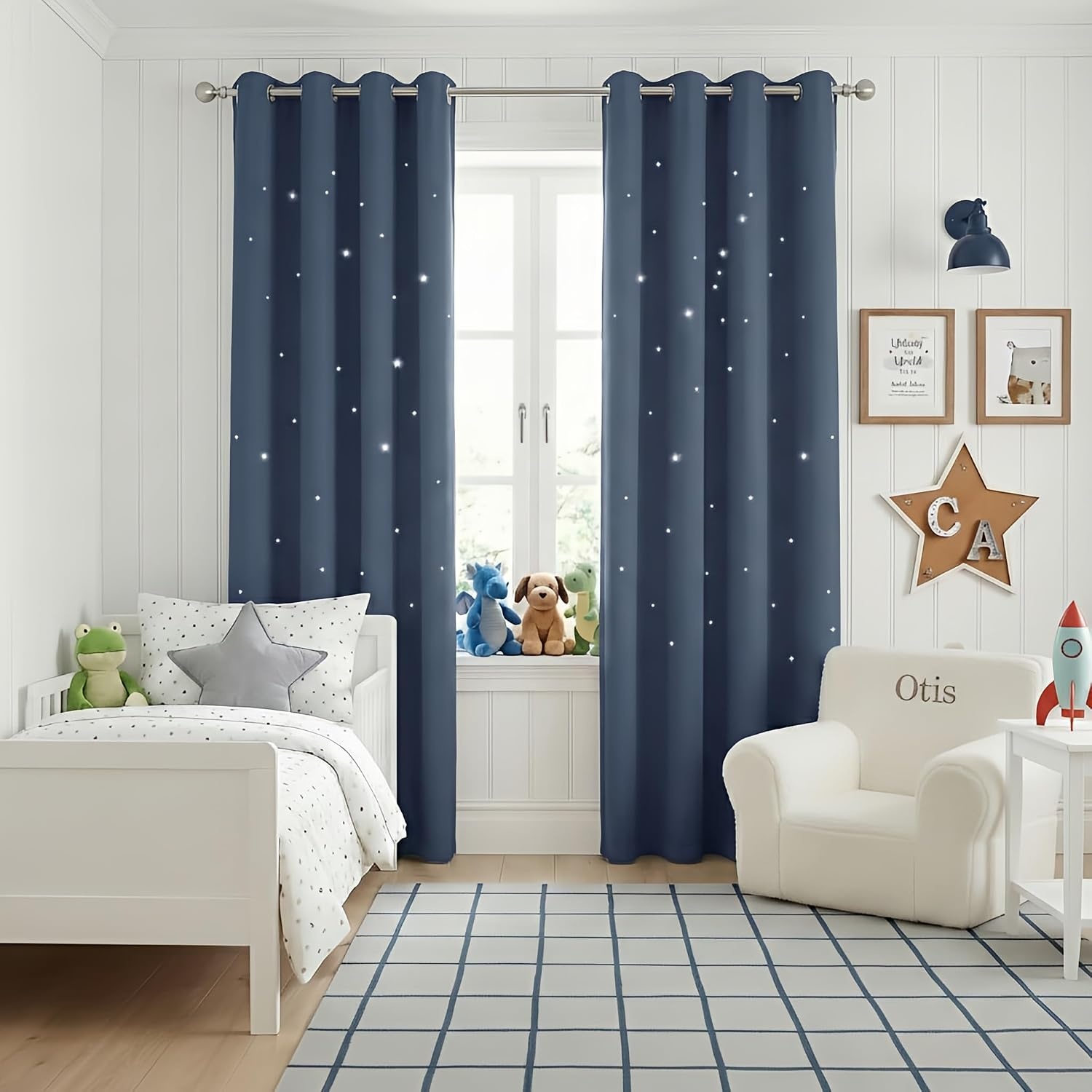 image:imageNICETOWN Sage Green Nursery Curtain with Cut Out Stars W52 x L63 2 PanelsStone Blue