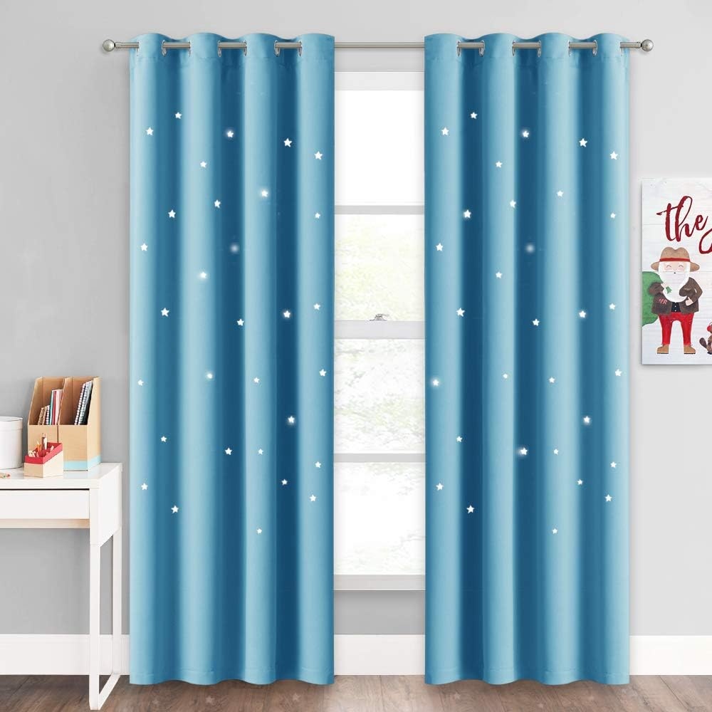 image:imageNICETOWN Sage Green Nursery Curtain with Cut Out Stars W52 x L63 2 PanelsTeal Blue