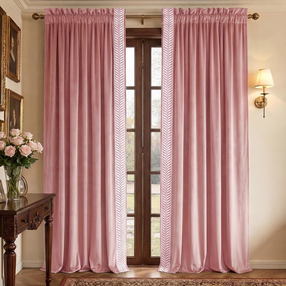 image:imageNICETOWN Black Velvet Blackout Curtains 96 inch Long 2 Panels1 Embroidered Trim Blush Pink