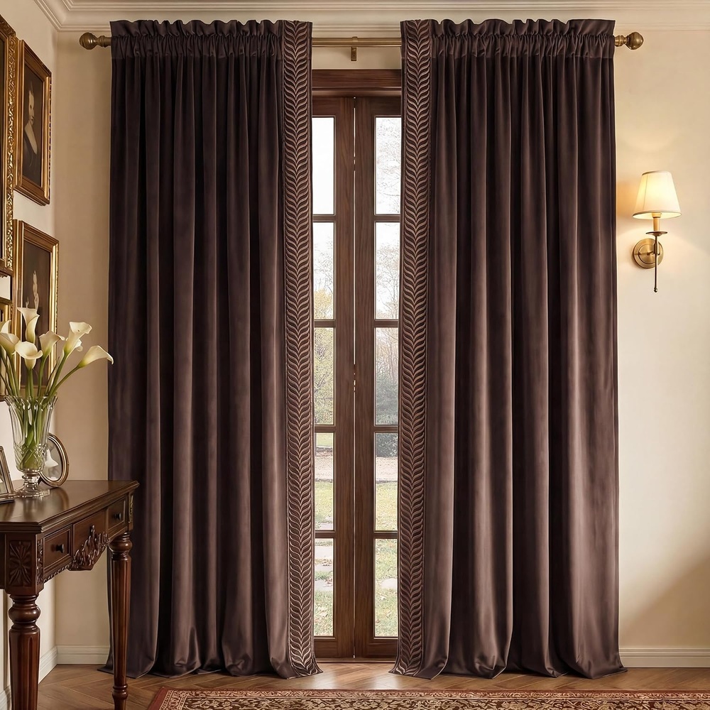 image:imageNICETOWN Black Velvet Blackout Curtains 96 inch Long 2 Panels1 Embroidered Trim Brown