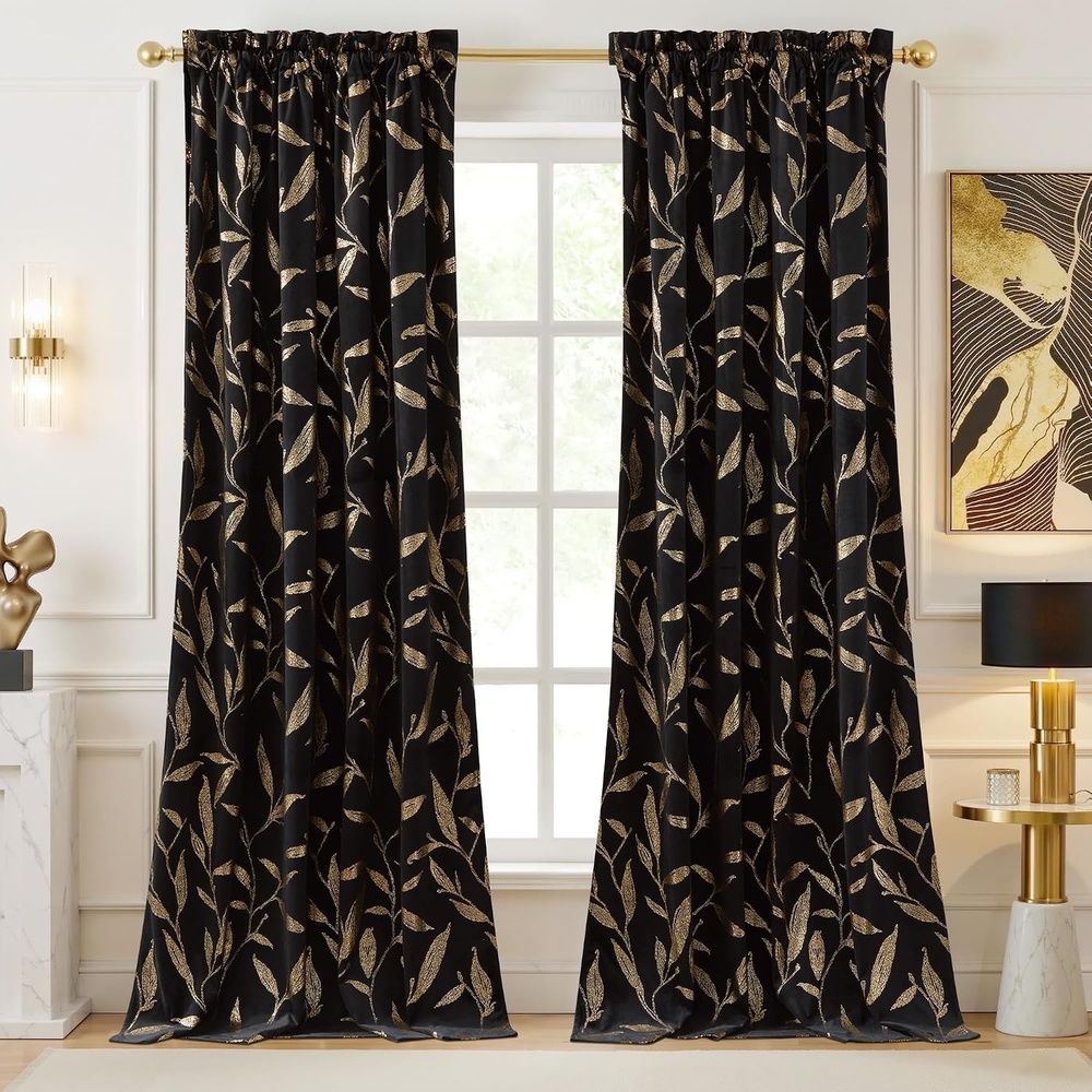 image:imageNICETOWN Black Velvet Blackout Curtains 96 inch Long 2 Panels2 Leaf Pattern Black