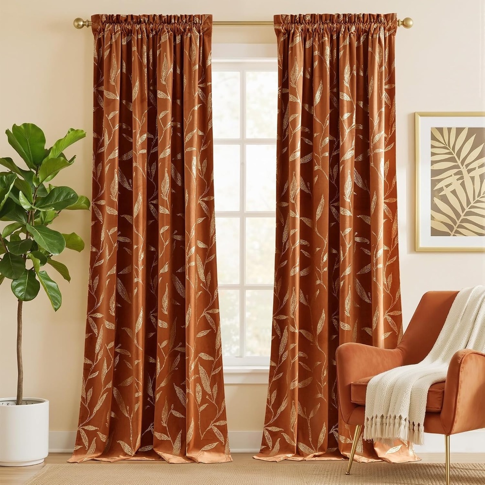 image:imageNICETOWN Black Velvet Blackout Curtains 96 inch Long 2 Panels2 Leaf Pattern Burnt Orange
