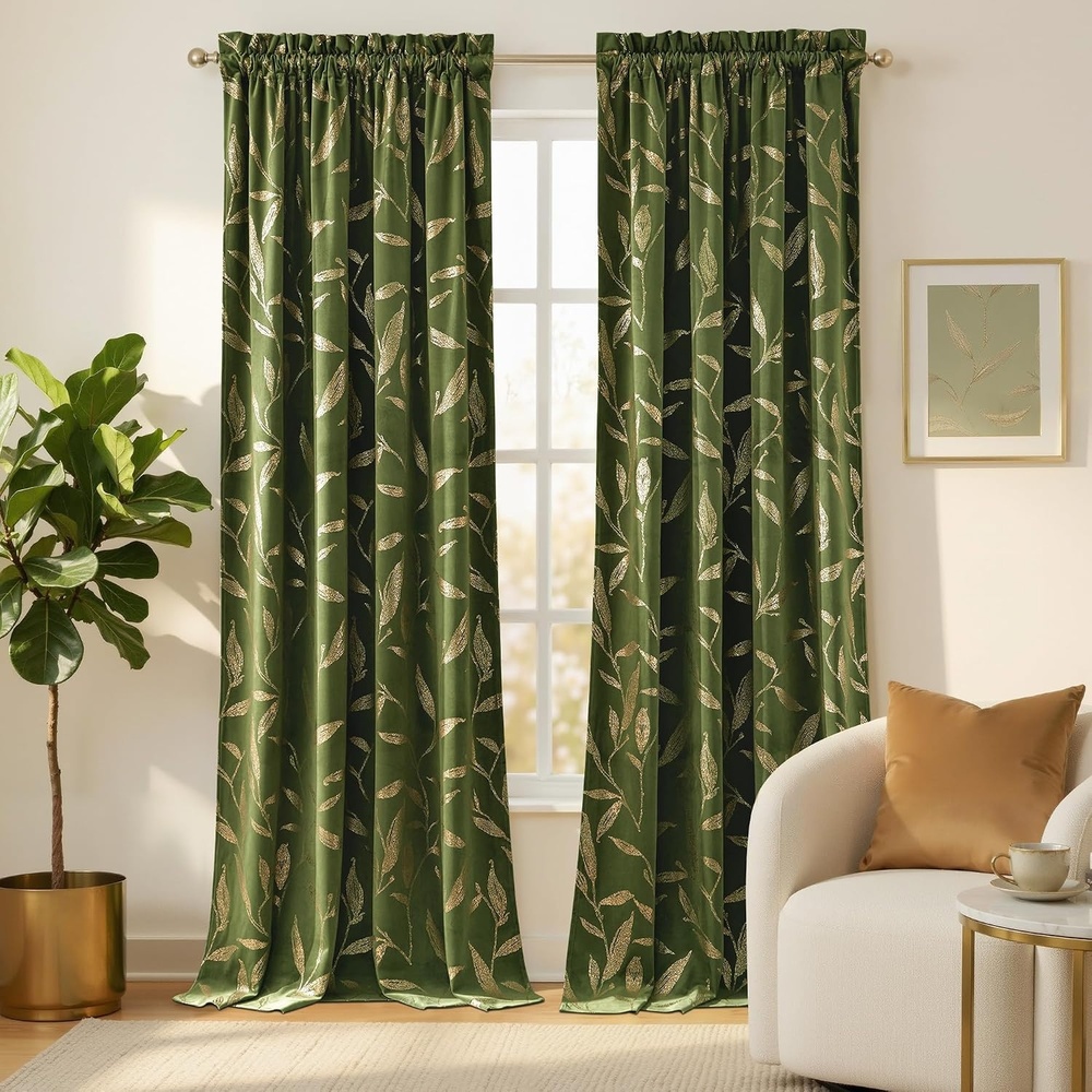 image:imageNICETOWN Black Velvet Blackout Curtains 96 inch Long 2 Panels2 Leaf Pattern Olive Green