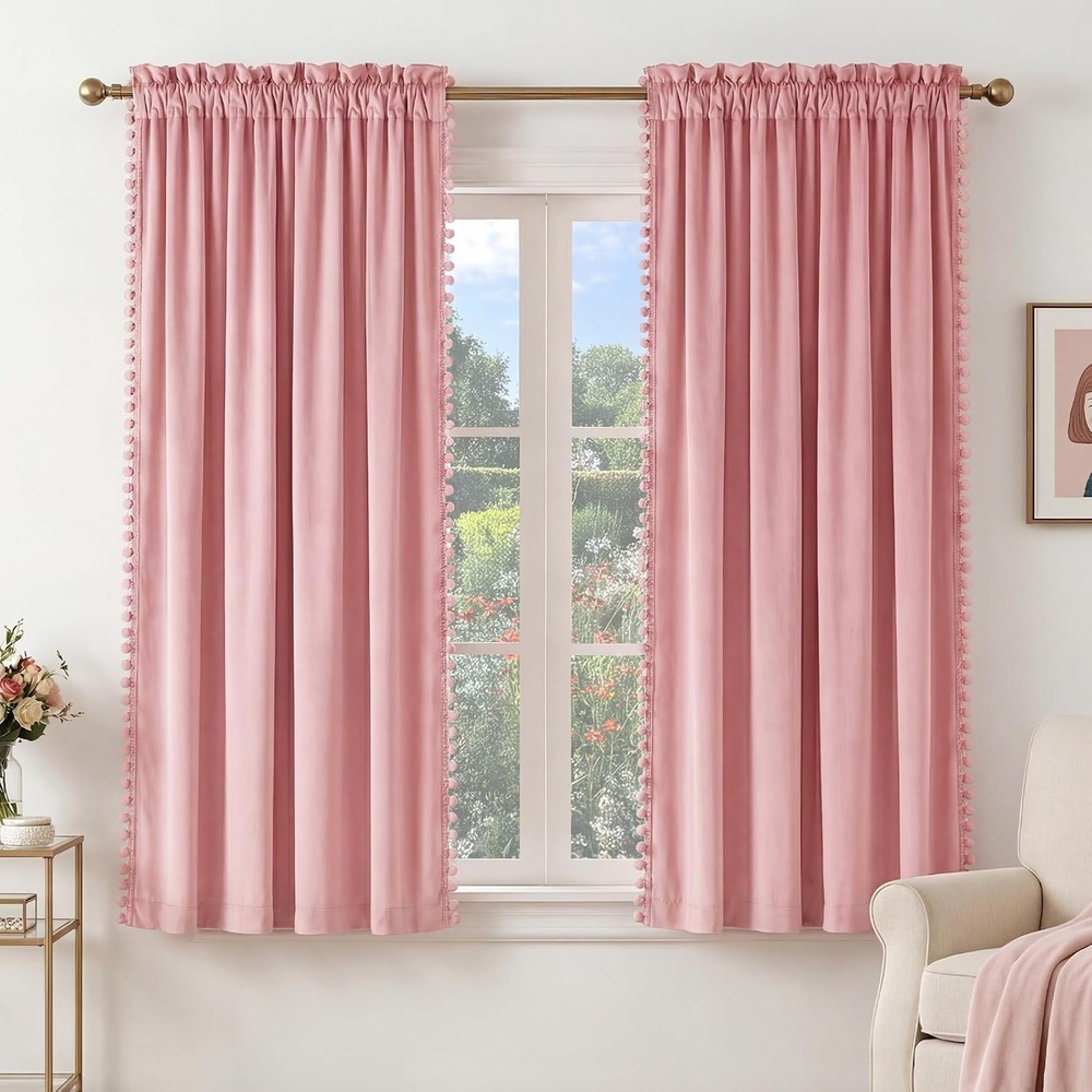 image:imageNICETOWN Black Velvet Blackout Curtains 96 inch Long 2 Panels3 Pom Pom Blush Pink