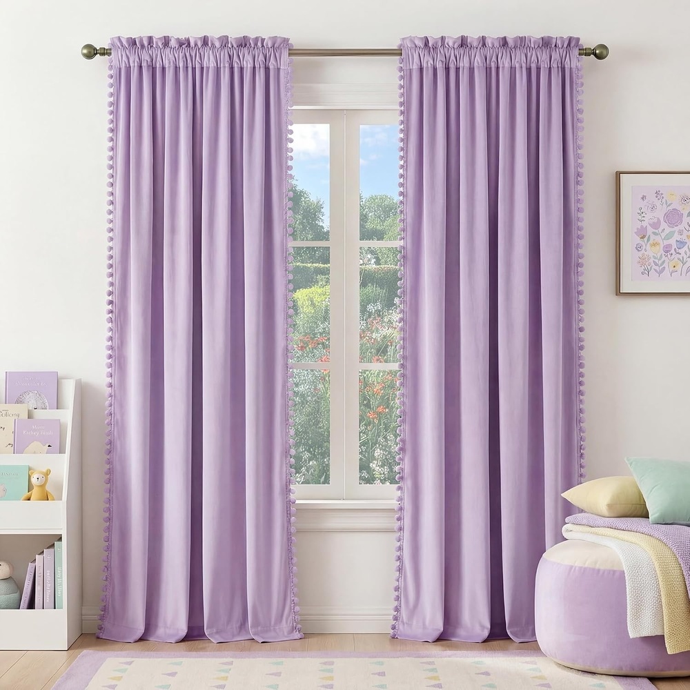 image:imageNICETOWN Black Velvet Blackout Curtains 96 inch Long 2 Panels3 Pom Pom Lilac Purple