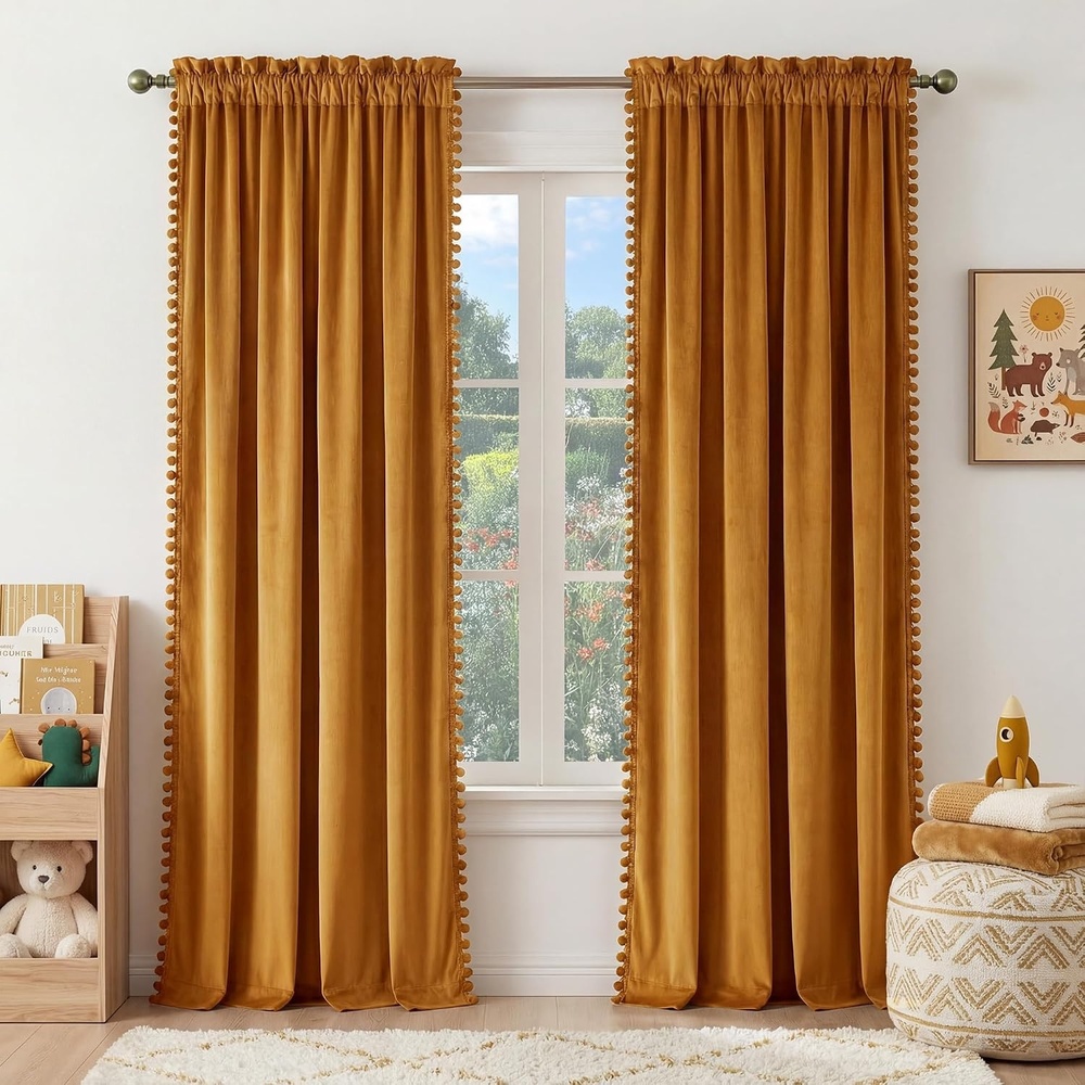 image:imageNICETOWN Black Velvet Blackout Curtains 96 inch Long 2 Panels3 Pom Pom Mustard Gold