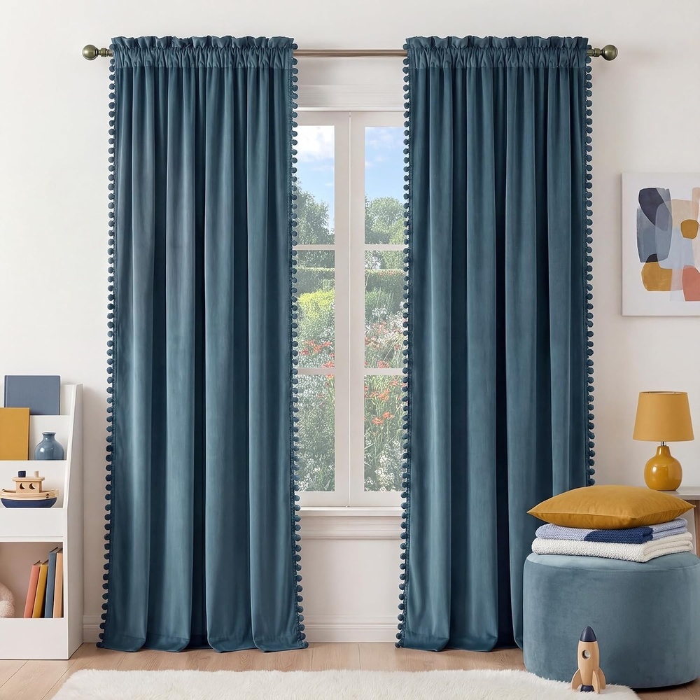 image:imageNICETOWN Black Velvet Blackout Curtains 96 inch Long 2 Panels3 Pom Pom Slate Blue