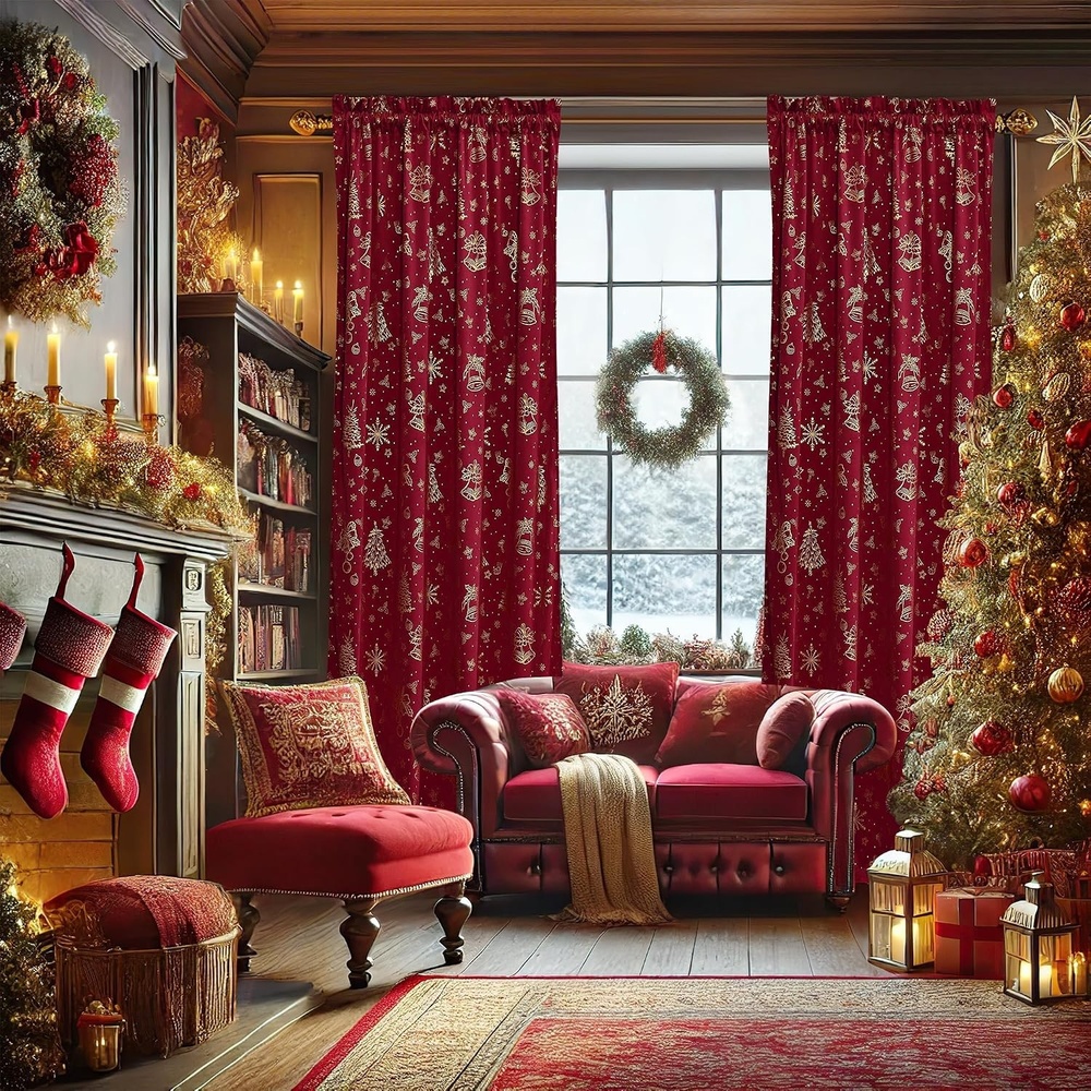 image:imageNICETOWN Black Velvet Blackout Curtains 96 inch Long 2 Panels3 Xmas Series Red
