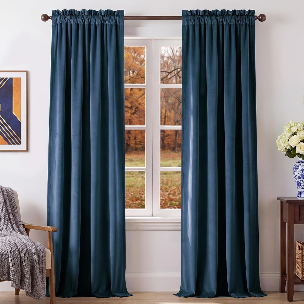 image:imageNICETOWN Black Velvet Blackout Curtains 96 inch Long 2 PanelsBlue Series Blue