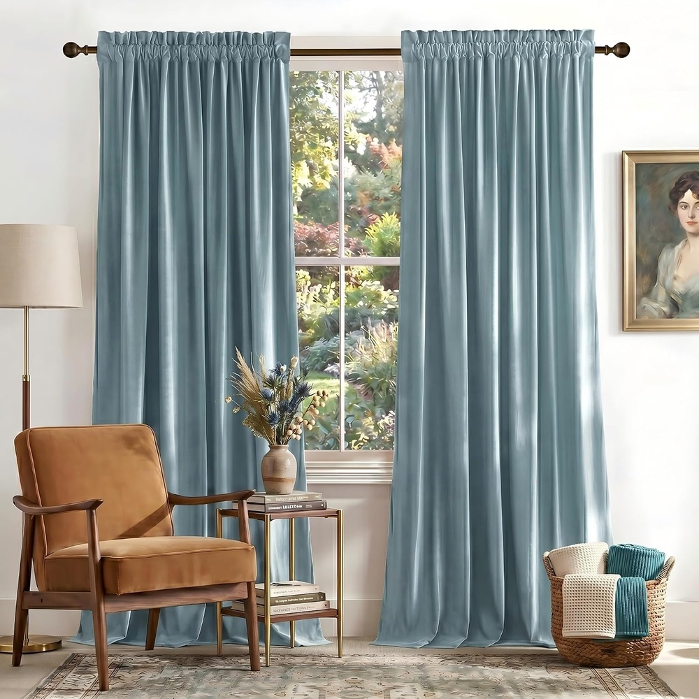 image:imageNICETOWN Black Velvet Blackout Curtains 96 inch Long 2 PanelsBlue Series Stone Blue