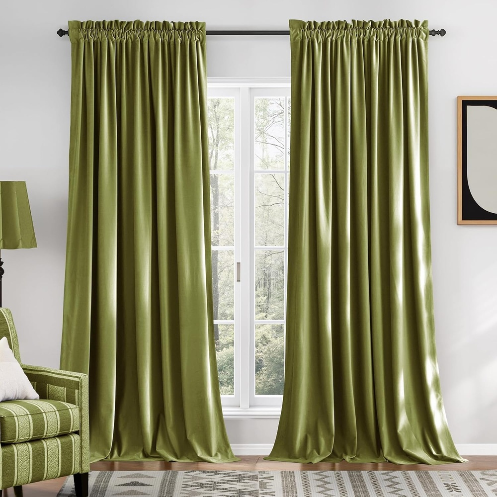 image:imageNICETOWN Black Velvet Blackout Curtains 96 inch Long 2 PanelsGreen Series Moss Green
