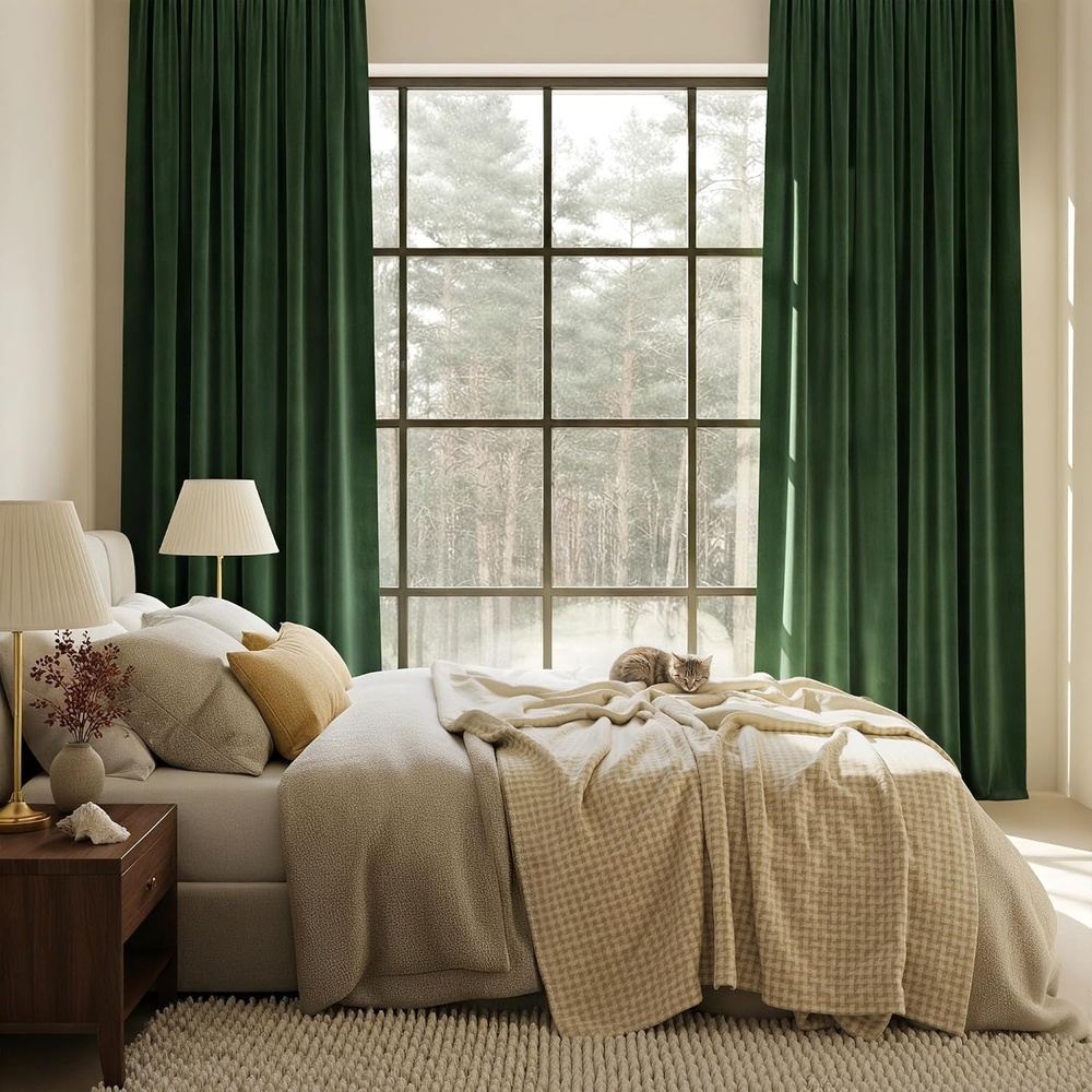 image:imageNICETOWN Black Velvet Blackout Curtains 96 inch Long 2 PanelsGreen Series Single Rod Pocket Dark Green