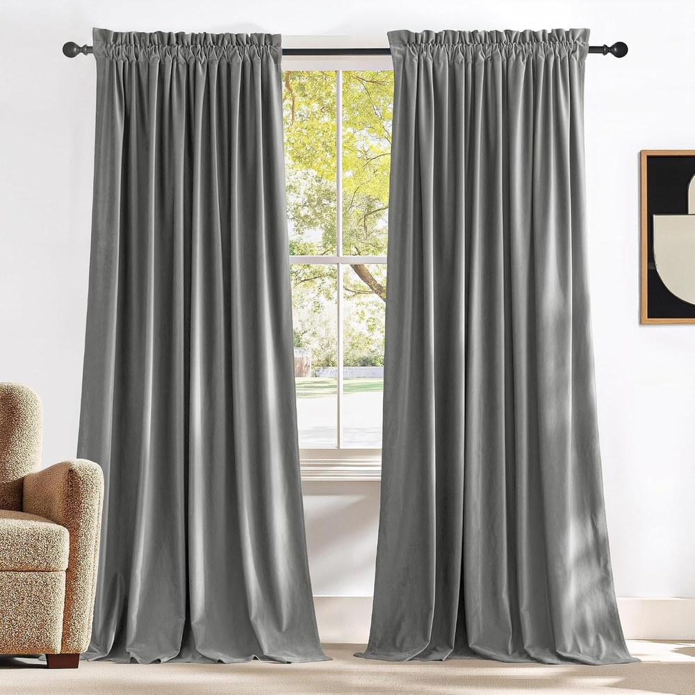 image:imageNICETOWN Black Velvet Blackout Curtains 96 inch Long 2 PanelsGrey Series Light Grey