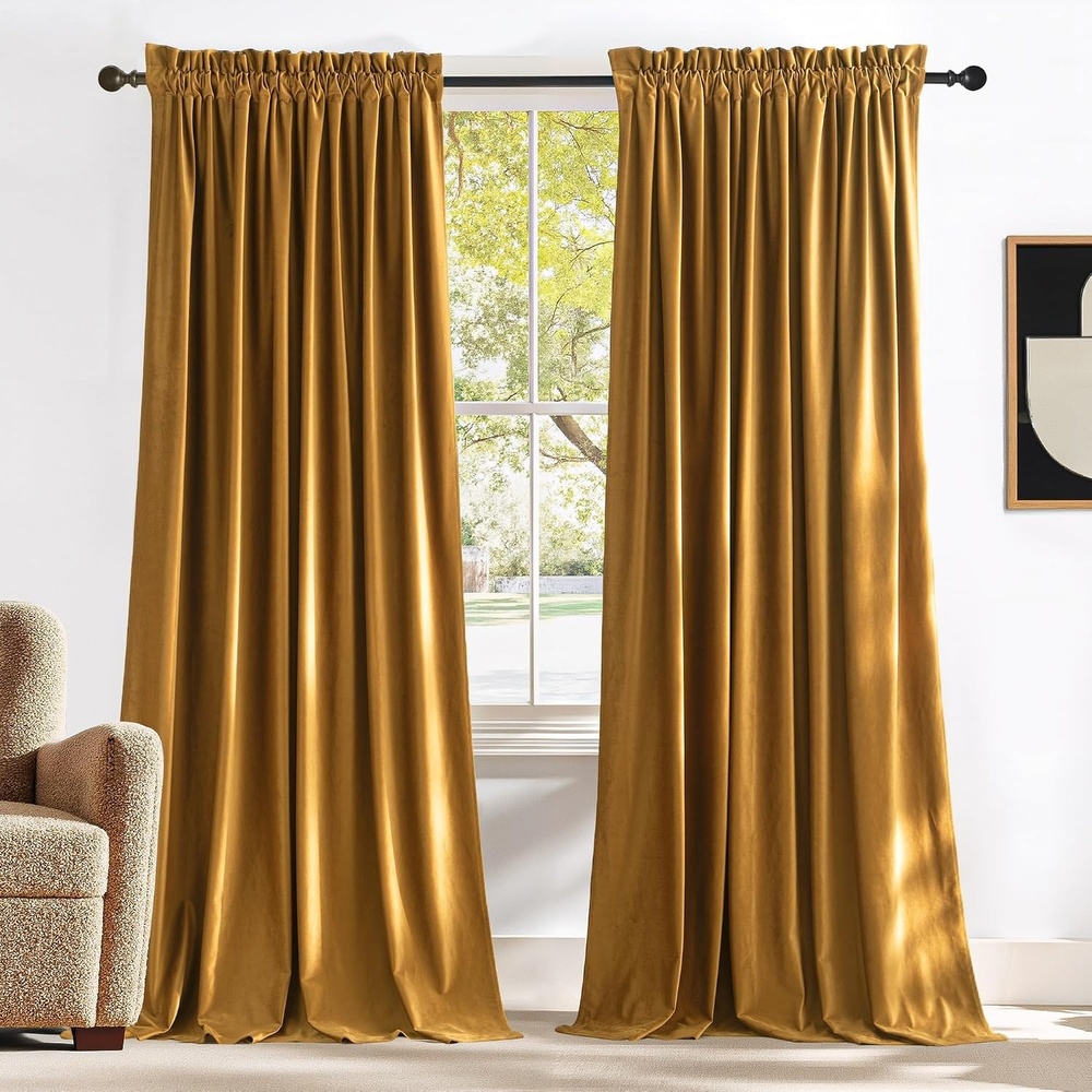 image:imageNICETOWN Black Velvet Blackout Curtains 96 inch Long 2 PanelsMustard Gold