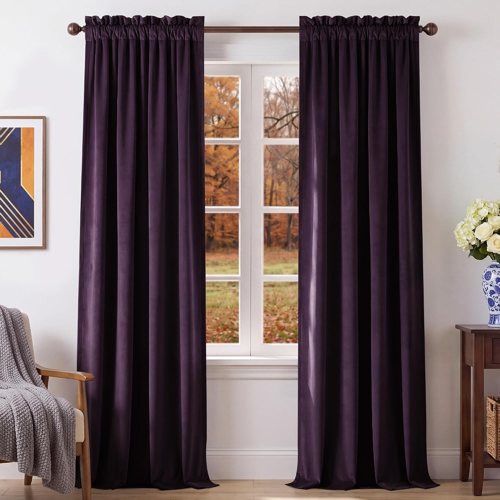 image:imageNICETOWN Black Velvet Blackout Curtains 96 inch Long 2 PanelsPurple Series Dark Purple