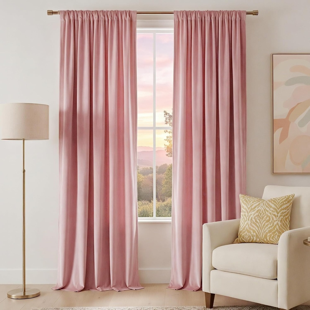 image:imageNICETOWN Black Velvet Blackout Curtains 96 inch Long 2 PanelsSingle Rod Pocket Blush Pink