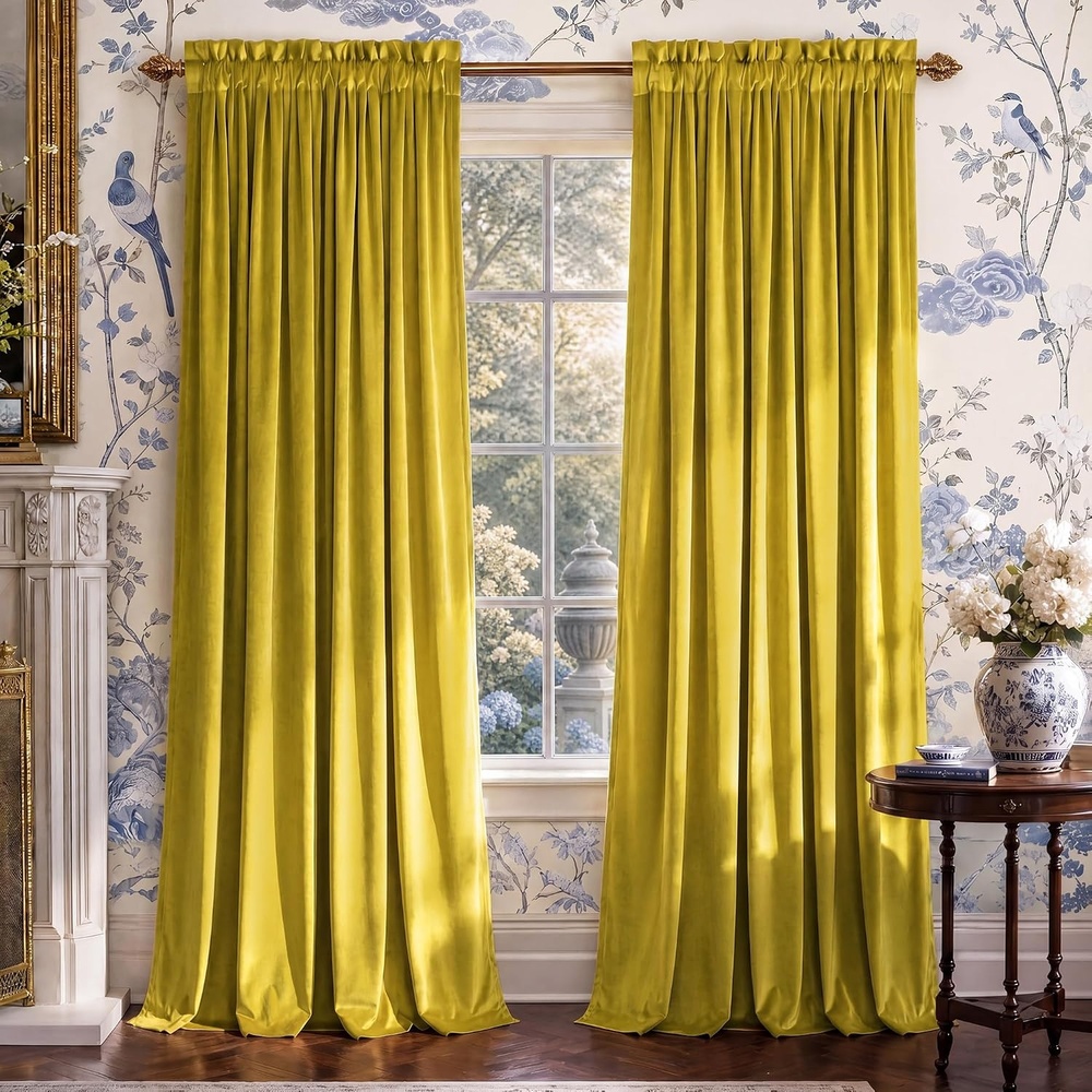 image:imageNICETOWN Black Velvet Blackout Curtains 96 inch Long 2 PanelsYellow Green Series Chartreuse Yellow