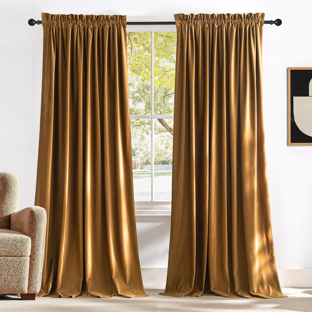 image:imageNICETOWN Black Velvet Blackout Curtains 96 inch Long 2 PanelsYellow Series Gold Brown