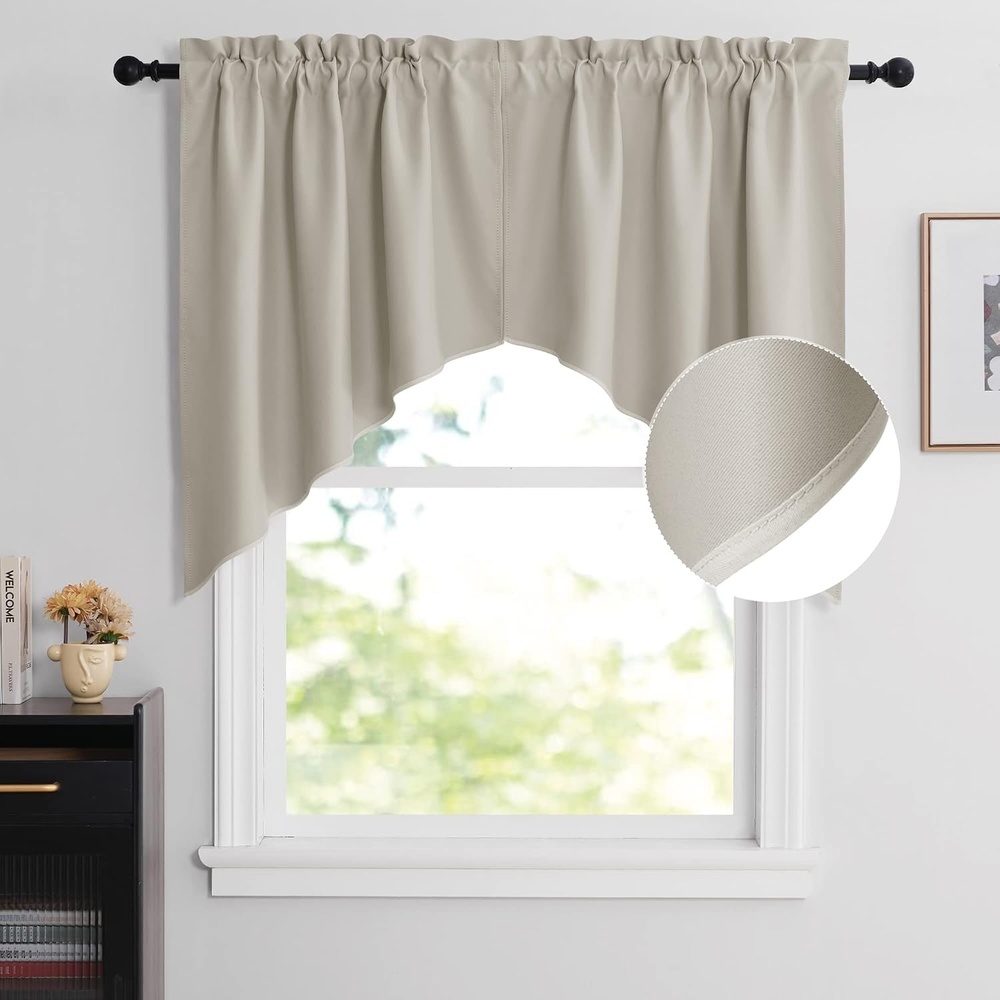 image:imageNICETOWN Blackout Window Treatment Pole Pocket Kitchen Tier Curtains Tailored Scalloped ValanceSwags for Living Room One Pair 36 Wide by 63inches Long Each Panel GreyNatural