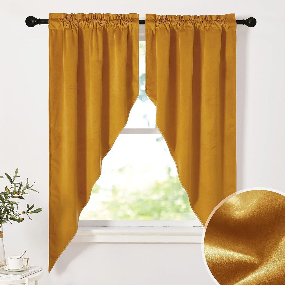 image:imageNICETOWN Blackout Window Treatment Pole Pocket Kitchen Tier Curtains Tailored Scalloped ValanceSwags for Living Room One Pair 36 Wide by 63inches Long Each Panel GreyVelvet Gold Brown