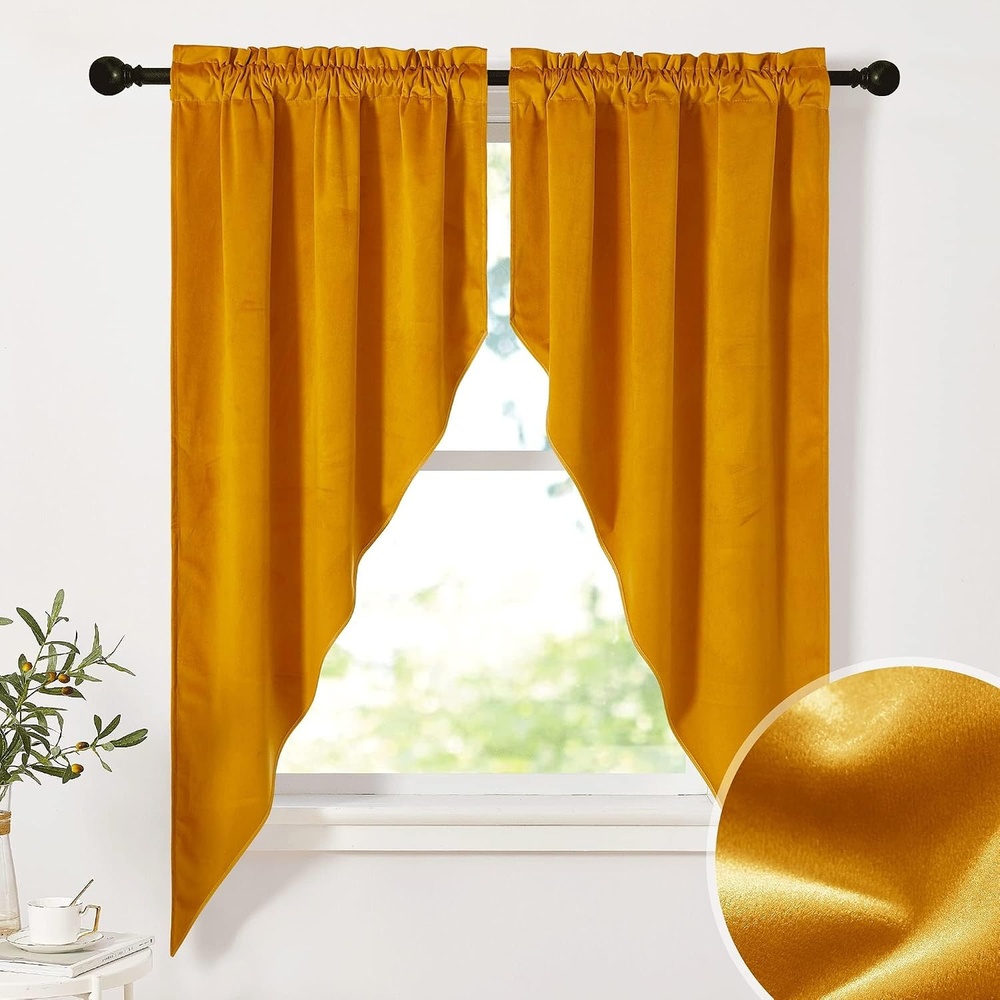 image:imageNICETOWN Blackout Window Treatment Pole Pocket Kitchen Tier Curtains Tailored Scalloped ValanceSwags for Living Room One Pair 36 Wide by 63inches Long Each Panel GreyVelvet Gold